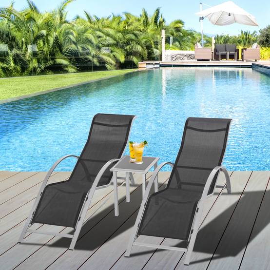Ensemble de jardin 3 pièces en maille métallique avec 2 chaises longues et table, mobilier noir et argent pour jardin balcon - Image 3