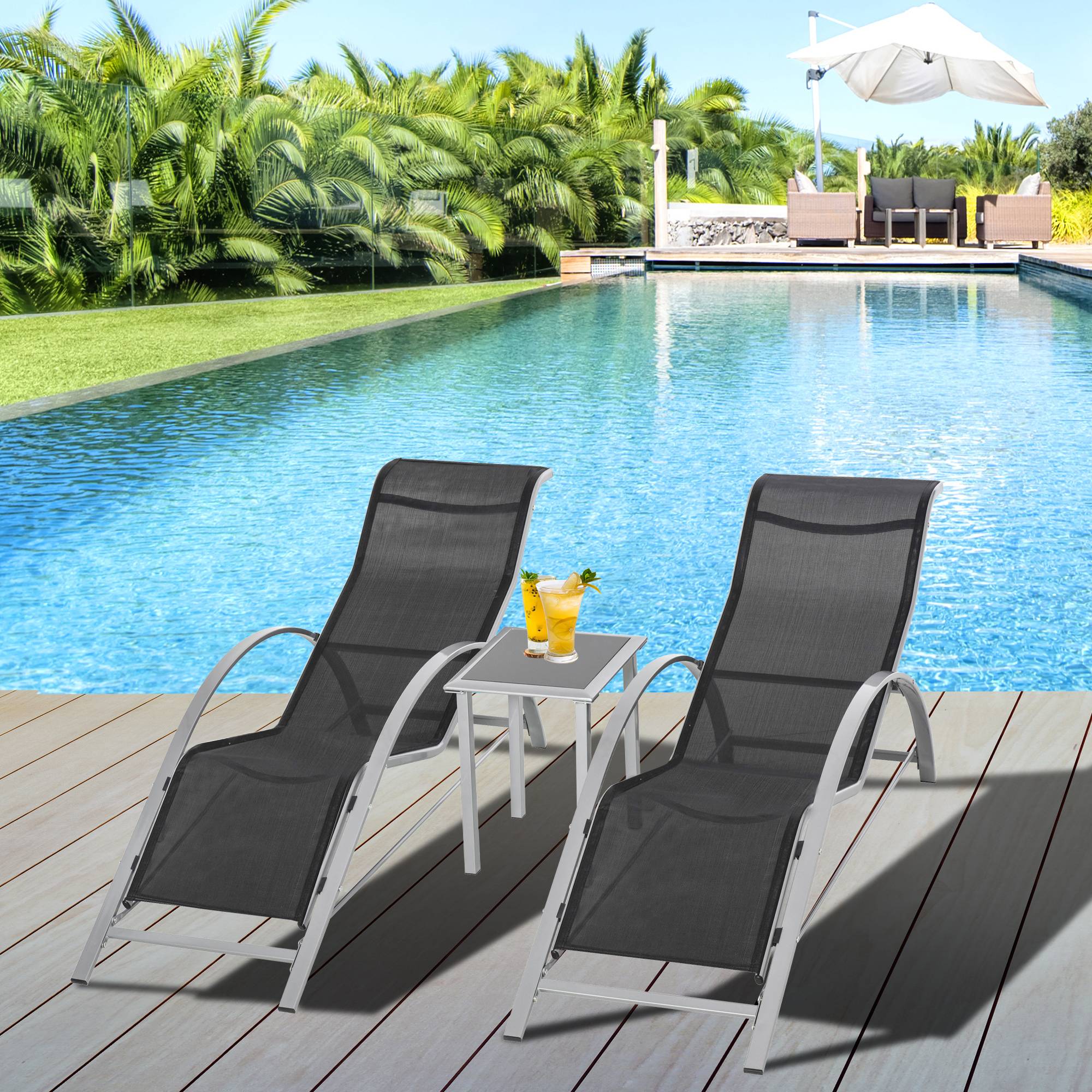 Ensemble de jardin 3 pièces en maille métallique avec 2 chaises longues et table, mobilier noir et argent pour jardin balcon - Image 3