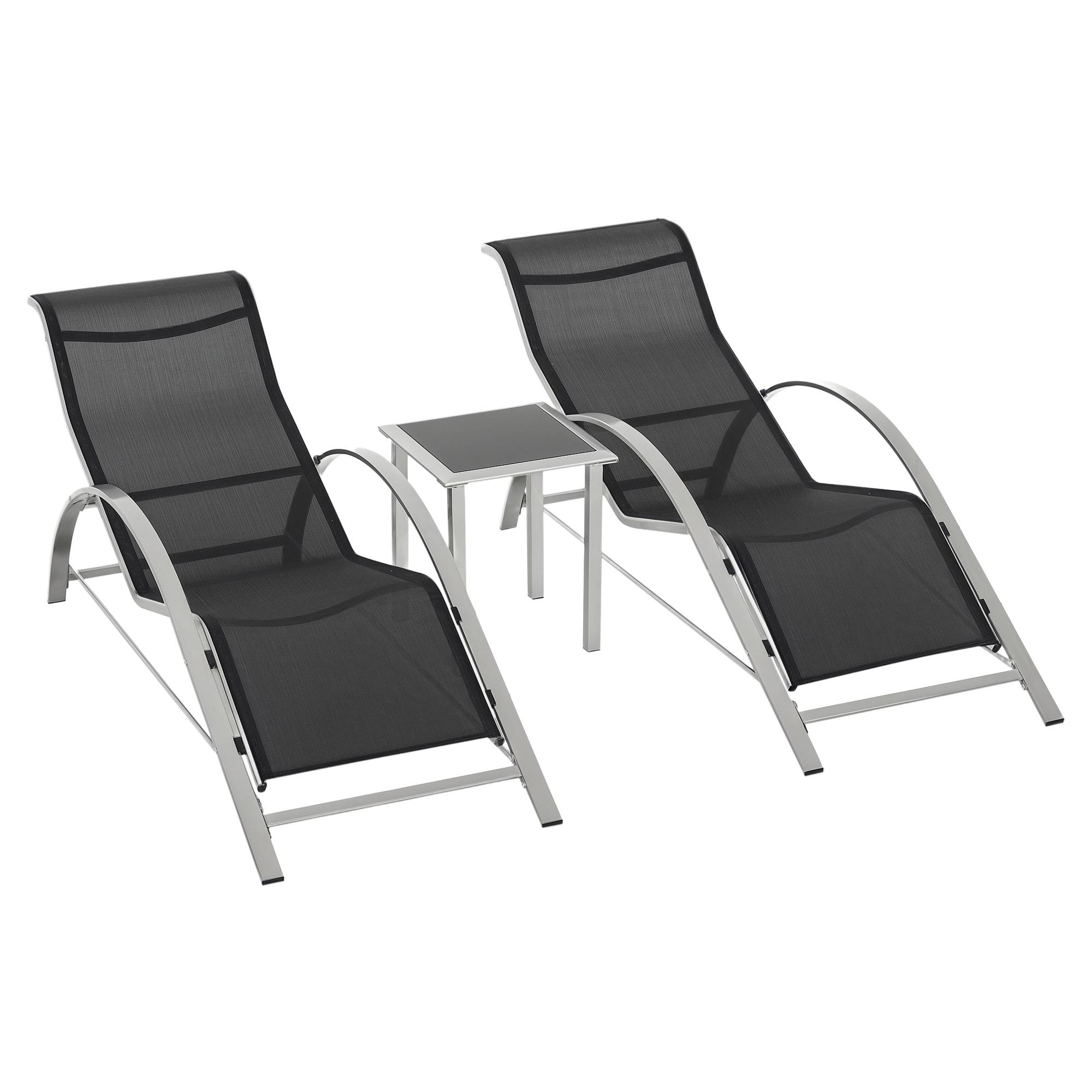 Ensemble de jardin 3 pièces en maille métallique avec 2 chaises longues et table, mobilier noir et argent pour jardin balcon - Image 1