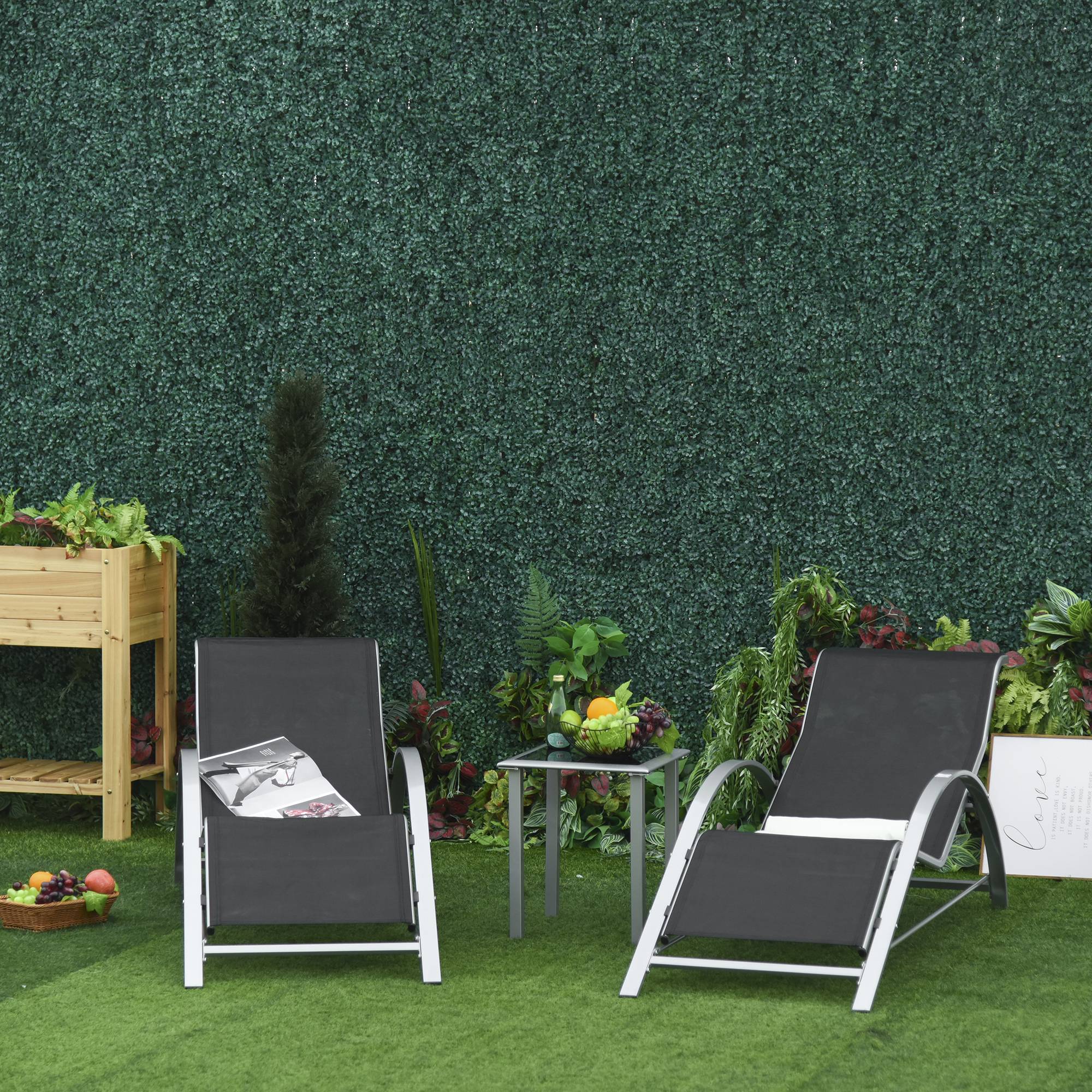 Ensemble de jardin 3 pièces en maille métallique avec 2 chaises longues et table, mobilier noir et argent pour jardin balcon - Image 4