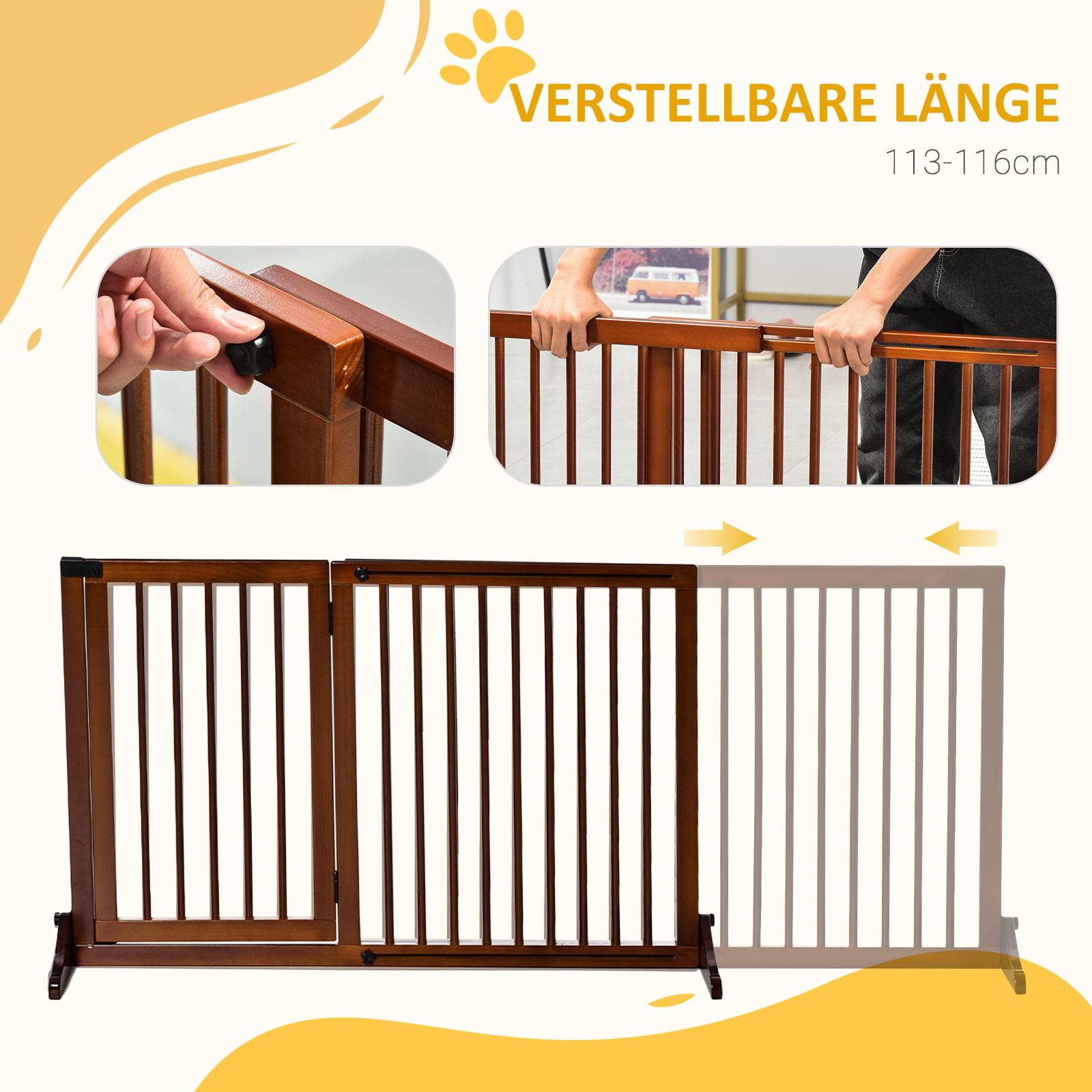 Barrière pour chien autoportante réglable avec pieds 113-166 x 71 cm, bois, escaliers, portes, cuisine, brun - Image 6