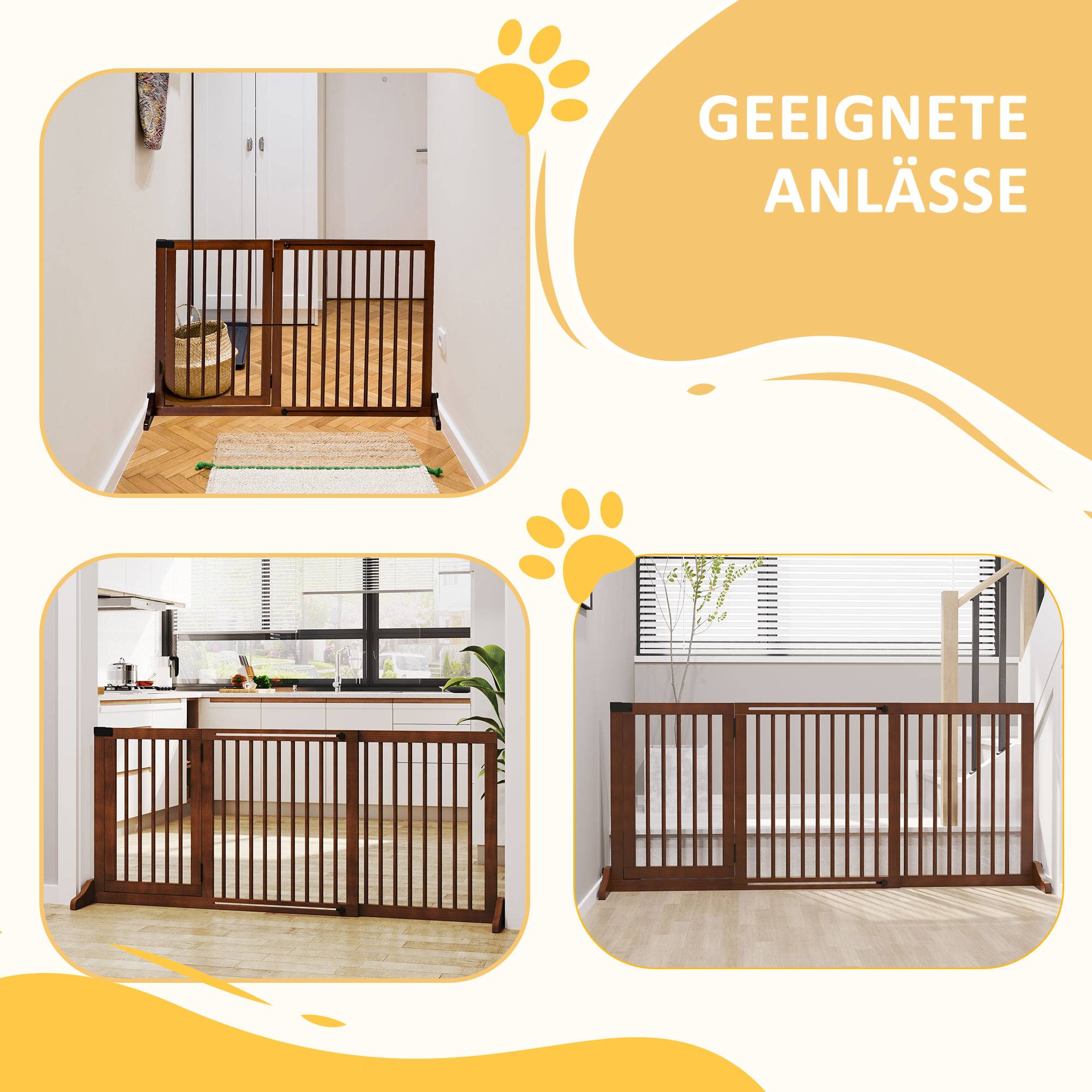 Barrière pour chien autoportante réglable avec pieds 113-166 x 71 cm, bois, escaliers, portes, cuisine, brun - Image 7