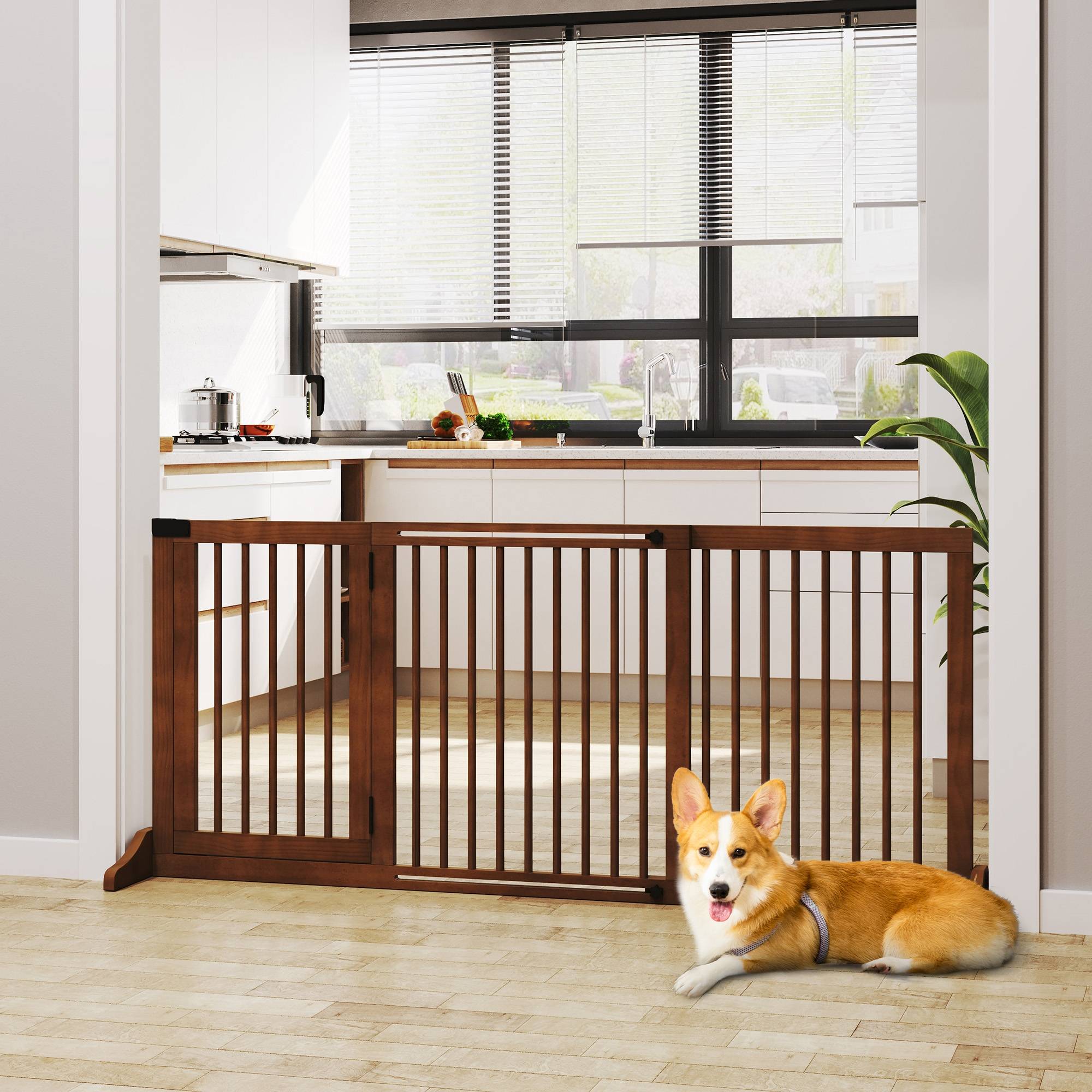 Barrière pour chien autoportante réglable avec pieds 113-166 x 71 cm, bois, escaliers, portes, cuisine, brun - Image 3