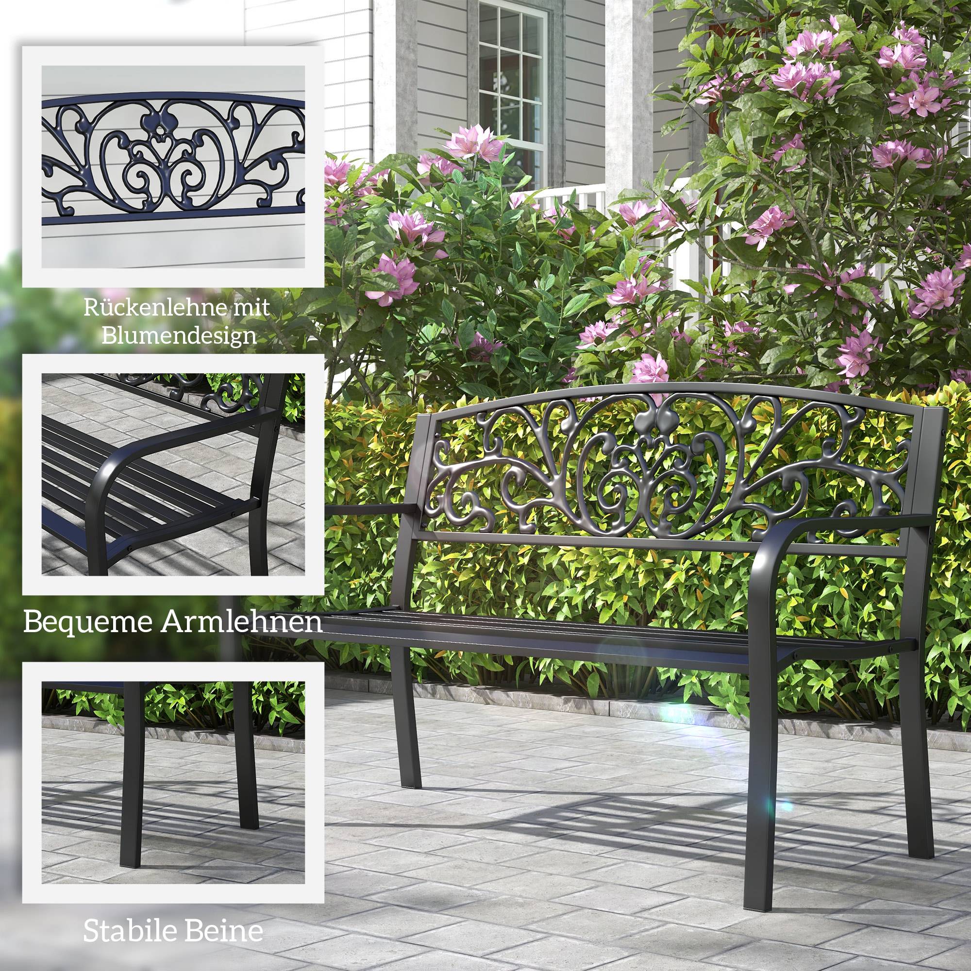 Banc de jardin en métal, motif floral, 2 places, charge maximale 240 kg, acier, 127 cm (L) x 60 cm (l) x 87 cm (H), noir - Image 7