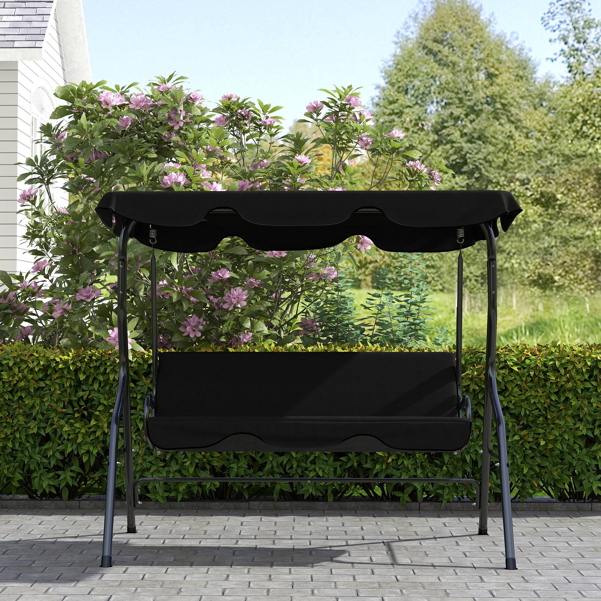 Balançoire 3 places, toit réglable et coussins, acier et polyester, 170x110x153cm, noire - Image 9