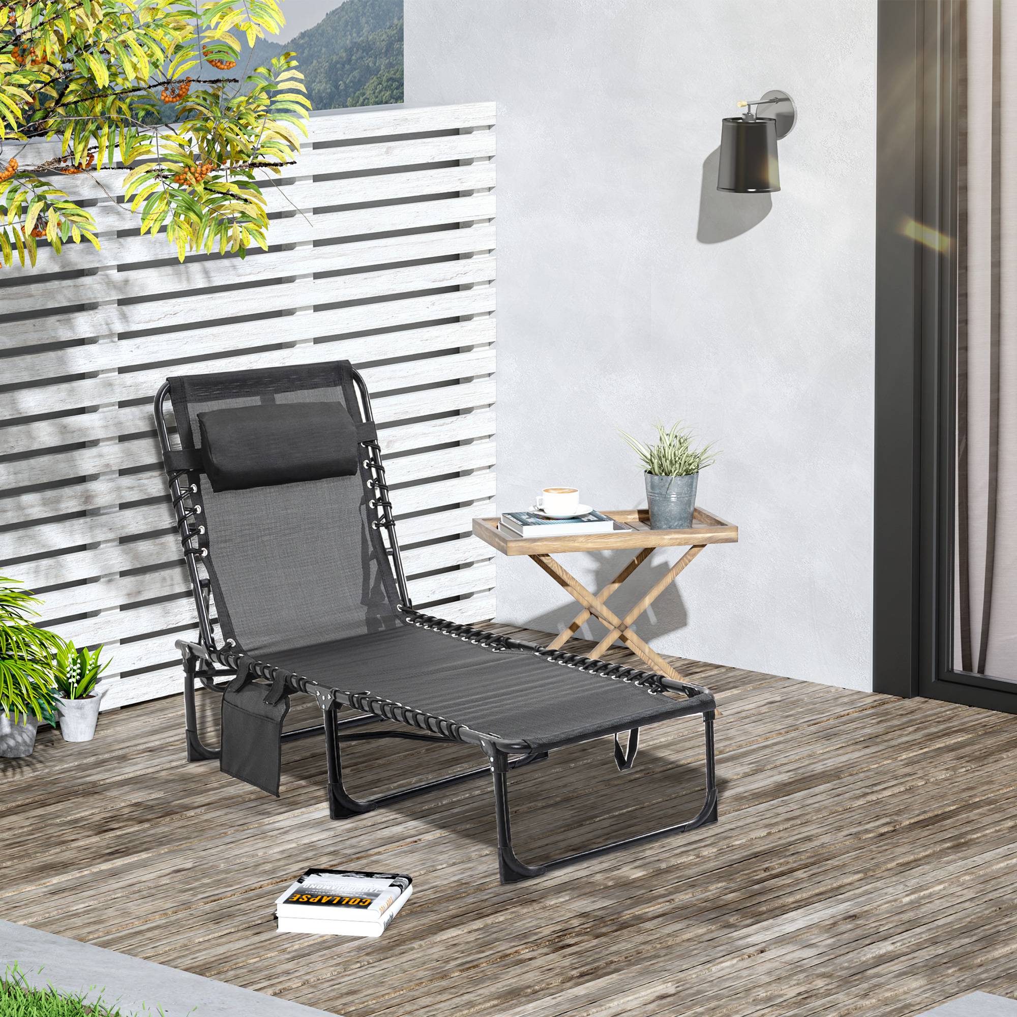 Chaise longue pliable bain de soleil transat dossier inclinable - 189x58x30cm Textilène Noir fr124 - Image 3