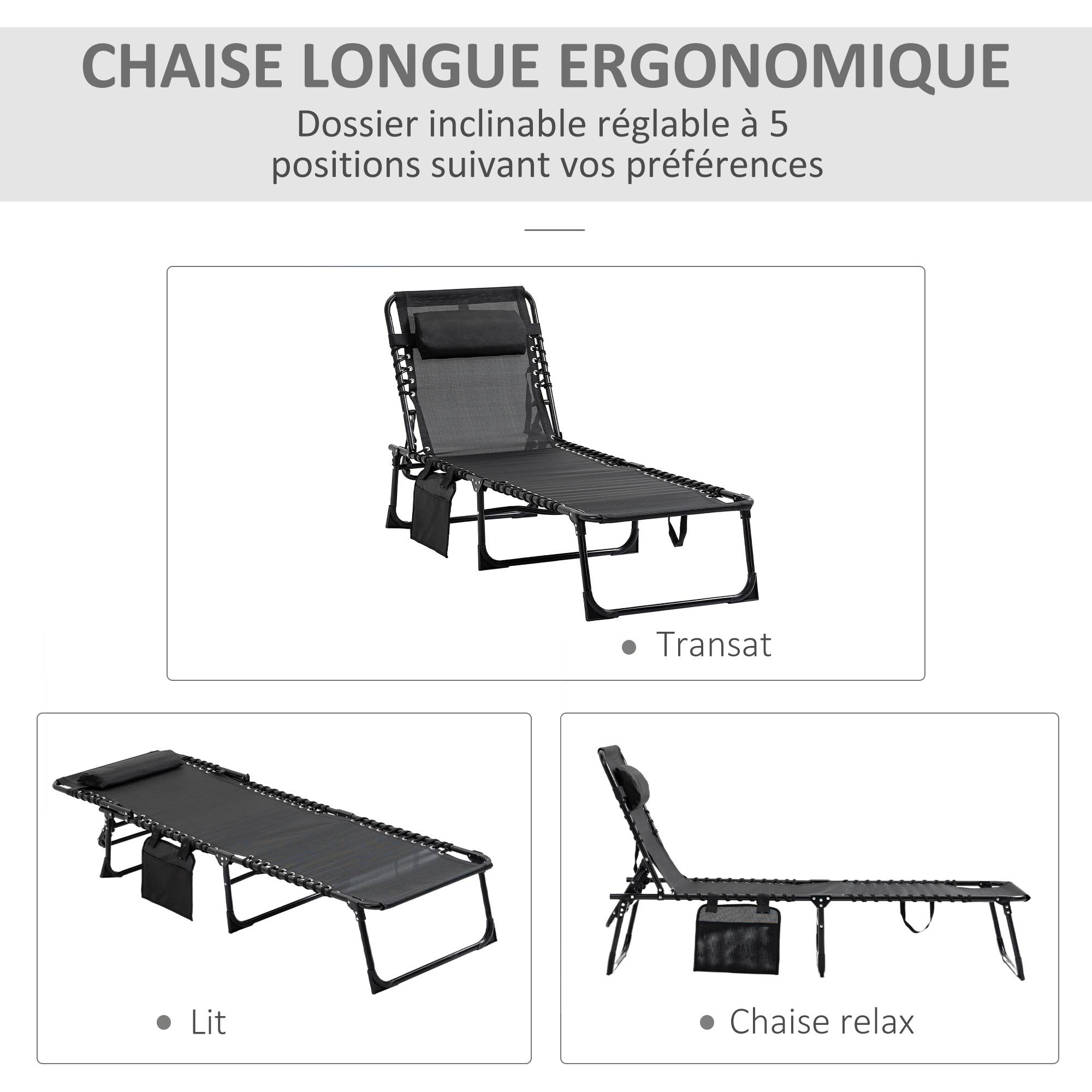 Chaise longue pliable bain de soleil transat dossier inclinable - 189x58x30cm Textilène Noir fr124 - Image 6
