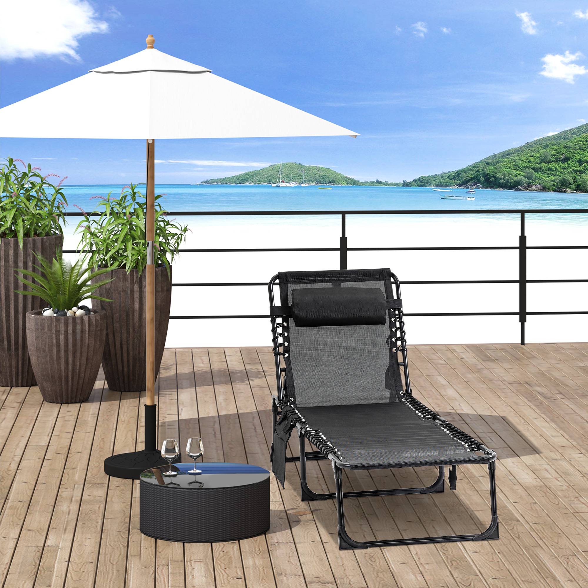 Chaise longue pliable bain de soleil transat dossier inclinable - 189x58x30cm Textilène Noir fr124 - Image 4