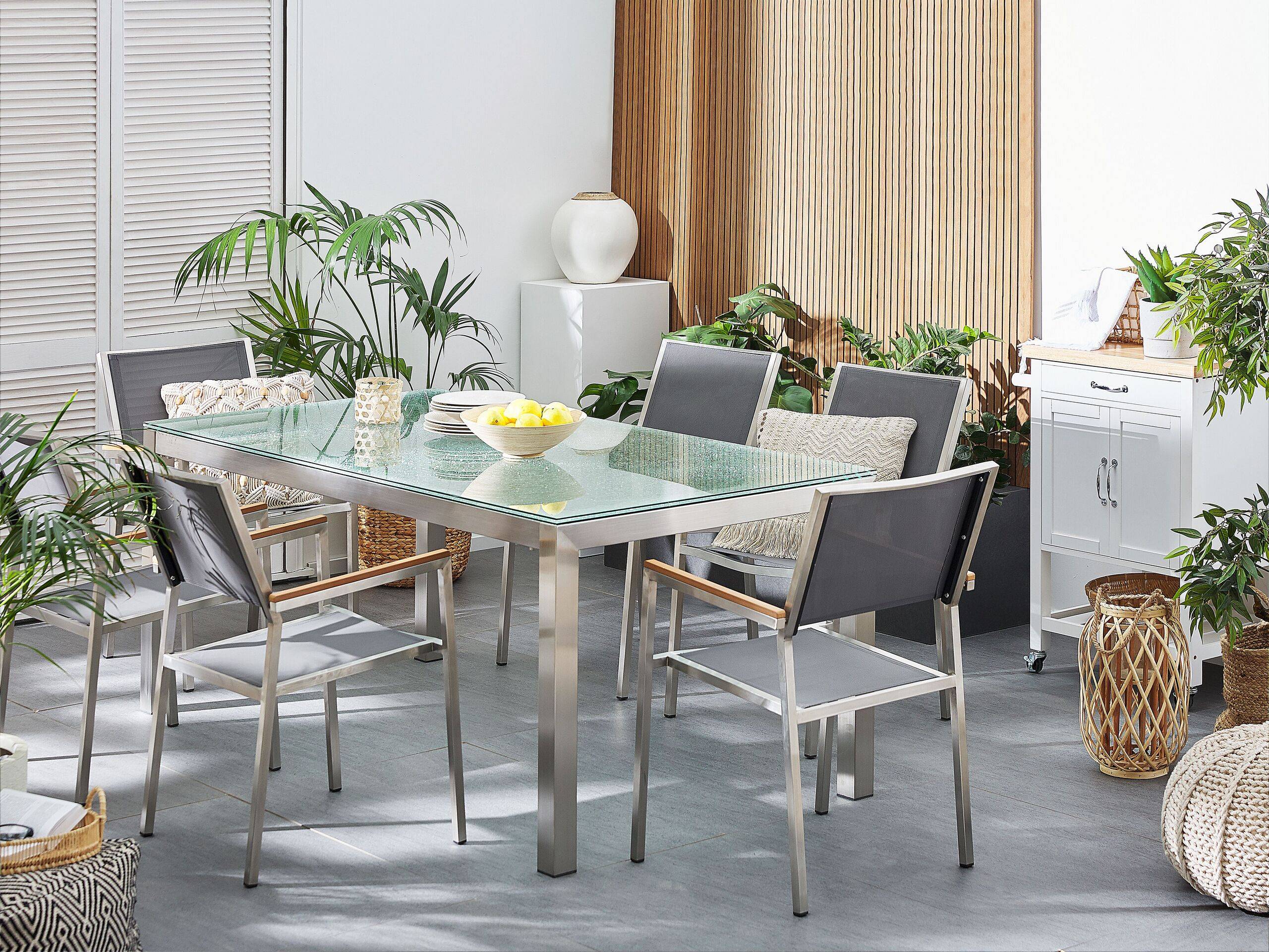 Beliani - Salon de Jardin composé d'une Table 180 x 90 cm et de 6 Chaises en Acier Inox, Textile Gris et Verre Effet Brisé au Design Moderne - Image 2