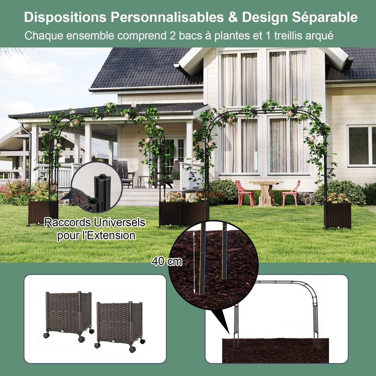Arche de Jardin 288cm avec 2 Bacs Jardinière et Treillis Pergola avec Tubes Métalliques - Image 5