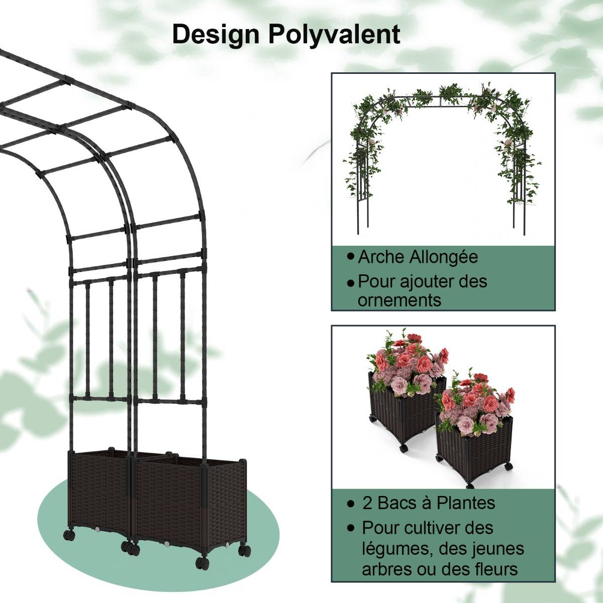 Arche de Jardin 288cm avec 2 Bacs Jardinière et Treillis Pergola avec Tubes Métalliques - Image 7