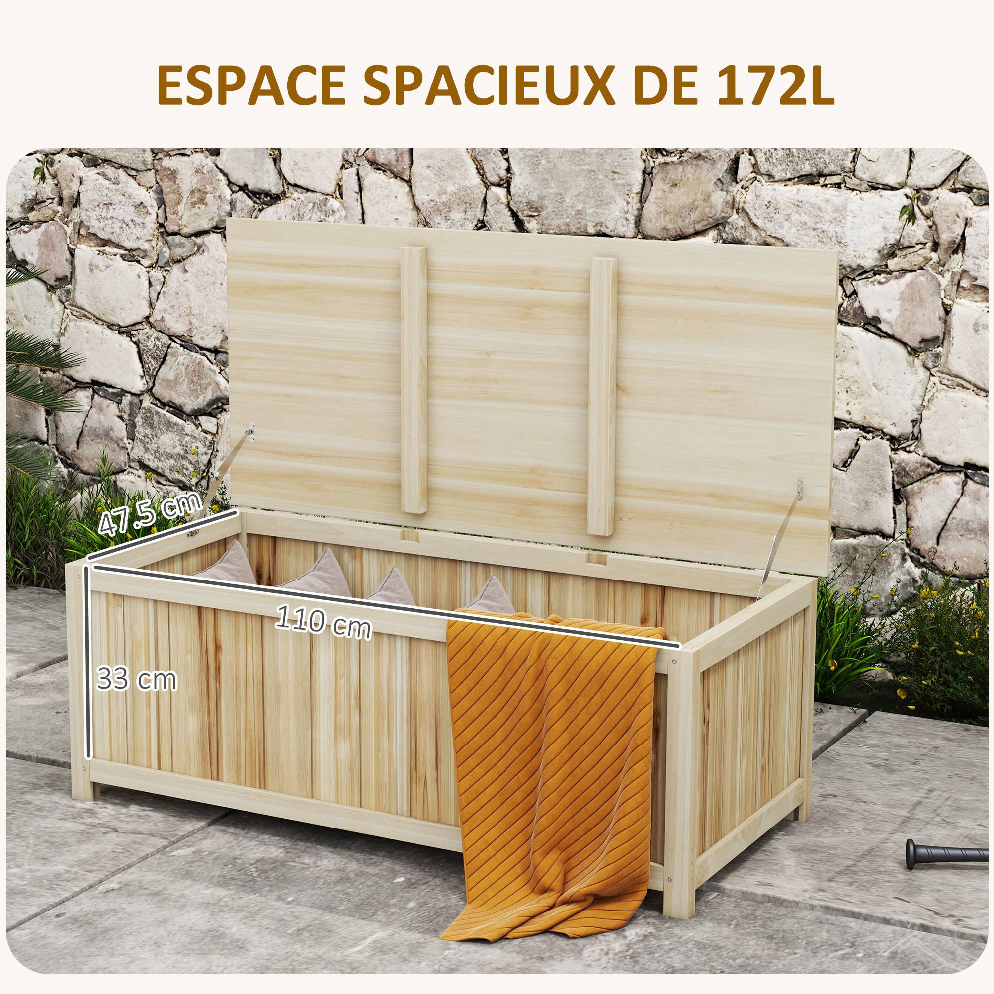 Coffre de rangement jardin en bois 172L avec vérins, pour l'extérieur - 120L x 55l x 45H cm - Image 6