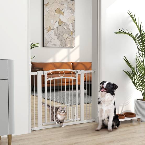 Barrière Sécurité Escalier Métal avec Chatière 76-104cm Blanc - ComfortXL Outdoor Living - Image 1