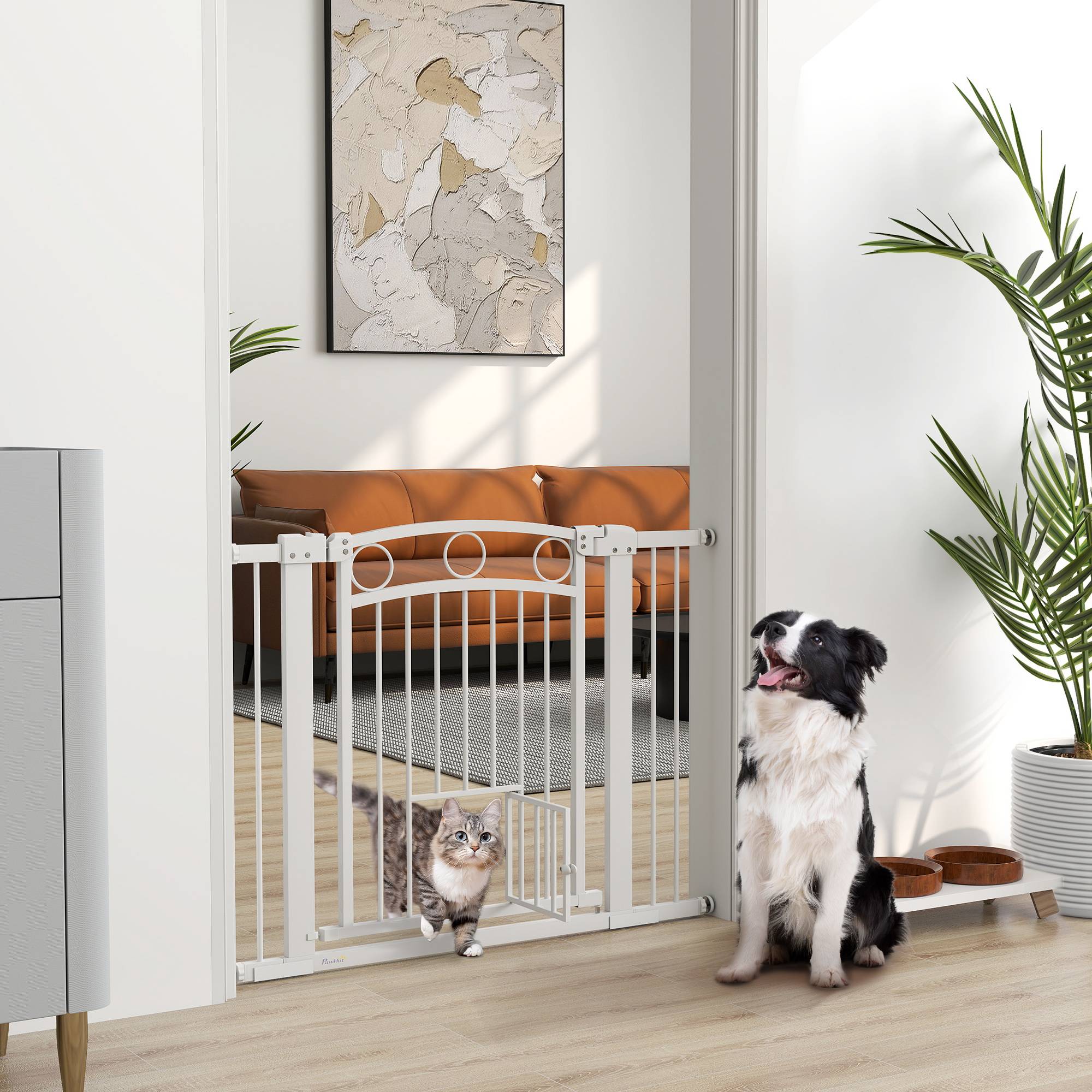 Barrière Sécurité Escalier Métal avec Chatière 76-104cm Blanc - ComfortXL Outdoor Living - Image 1