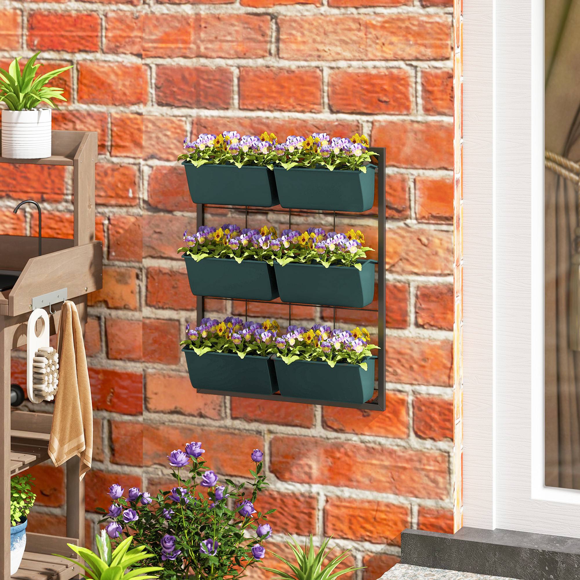 Potager Vertical 3 Niveaux 6 Pots Acier Plastique, 52x14x66cm, Vert Foncé - Image 3