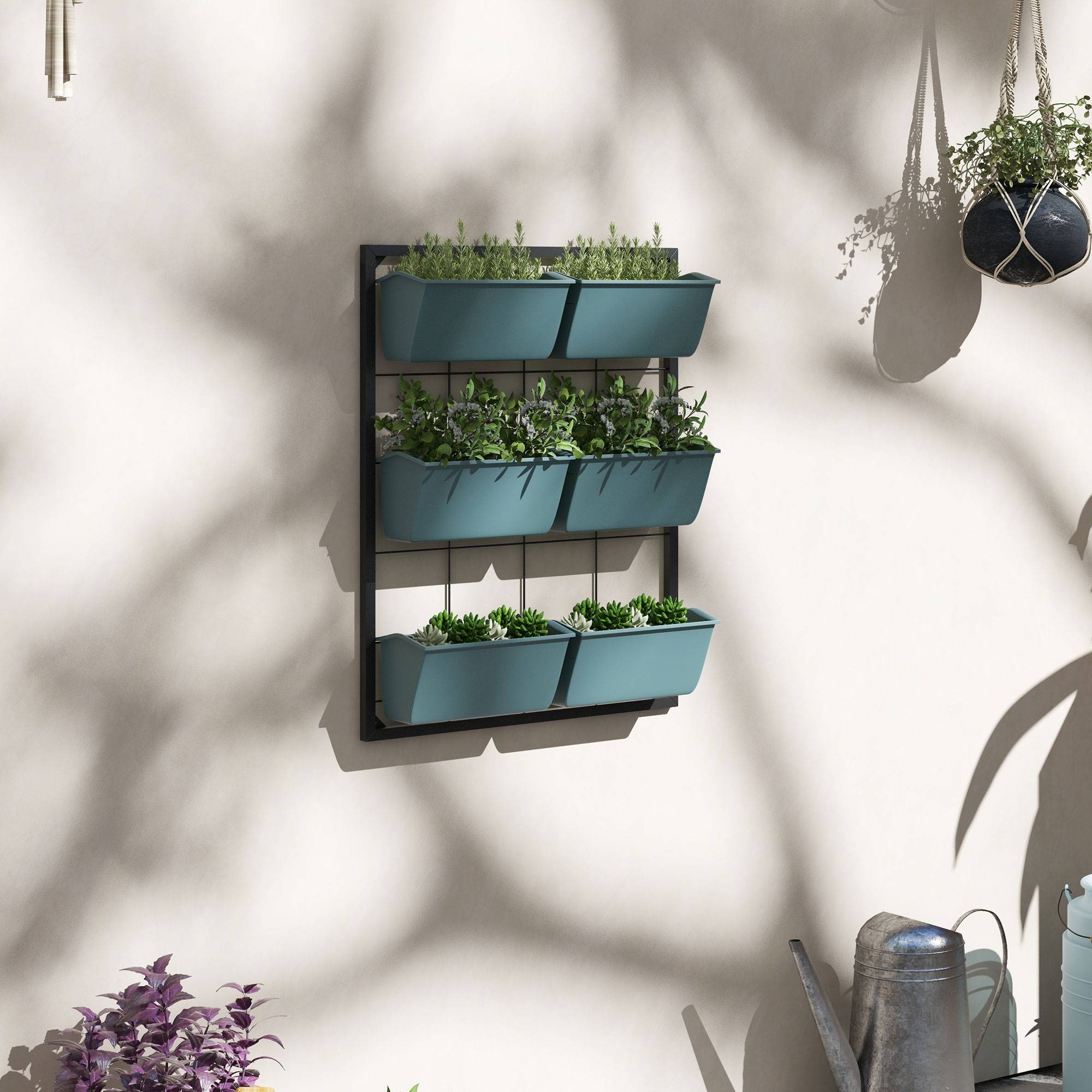 Potager Vertical 3 Niveaux 6 Pots Acier Plastique, 52x14x66cm, Vert Foncé - Image 4