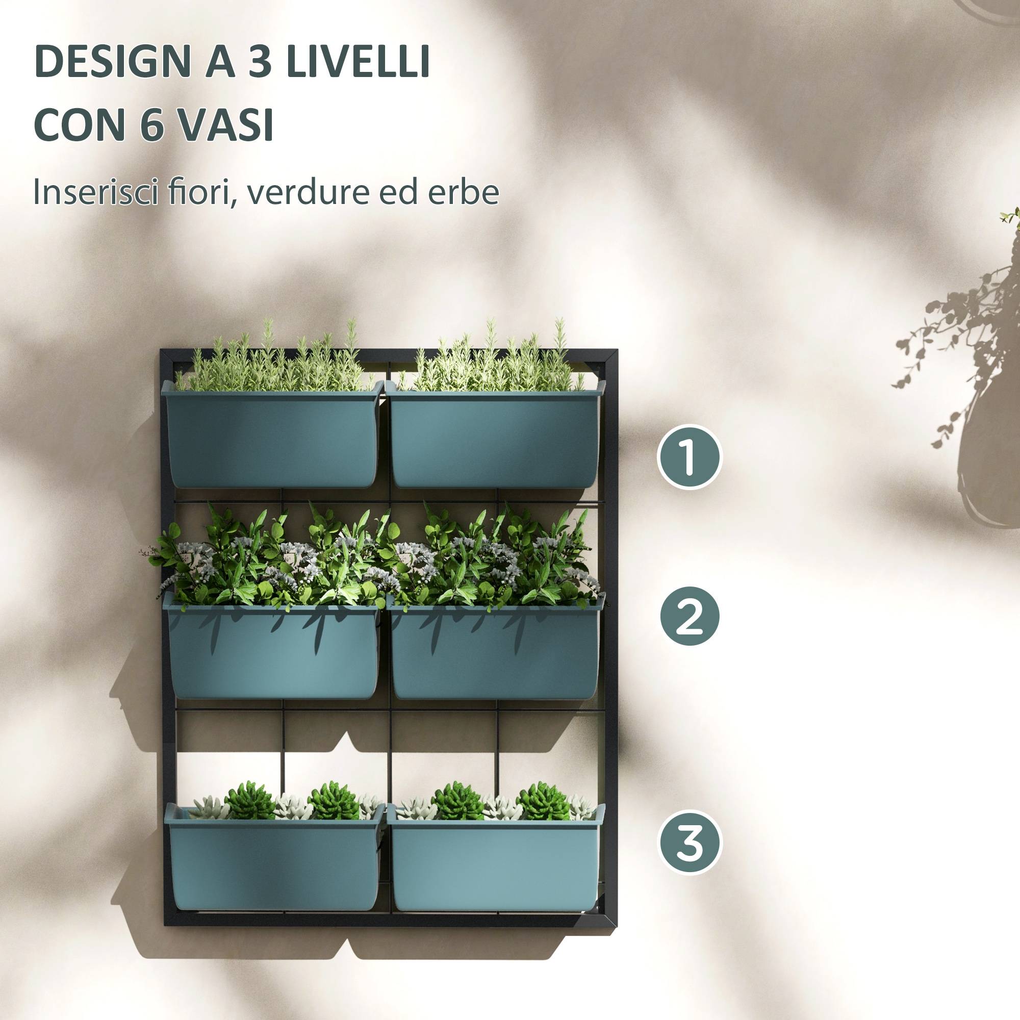 Potager Vertical 3 Niveaux 6 Pots Acier Plastique, 52x14x66cm, Vert Foncé - Image 7