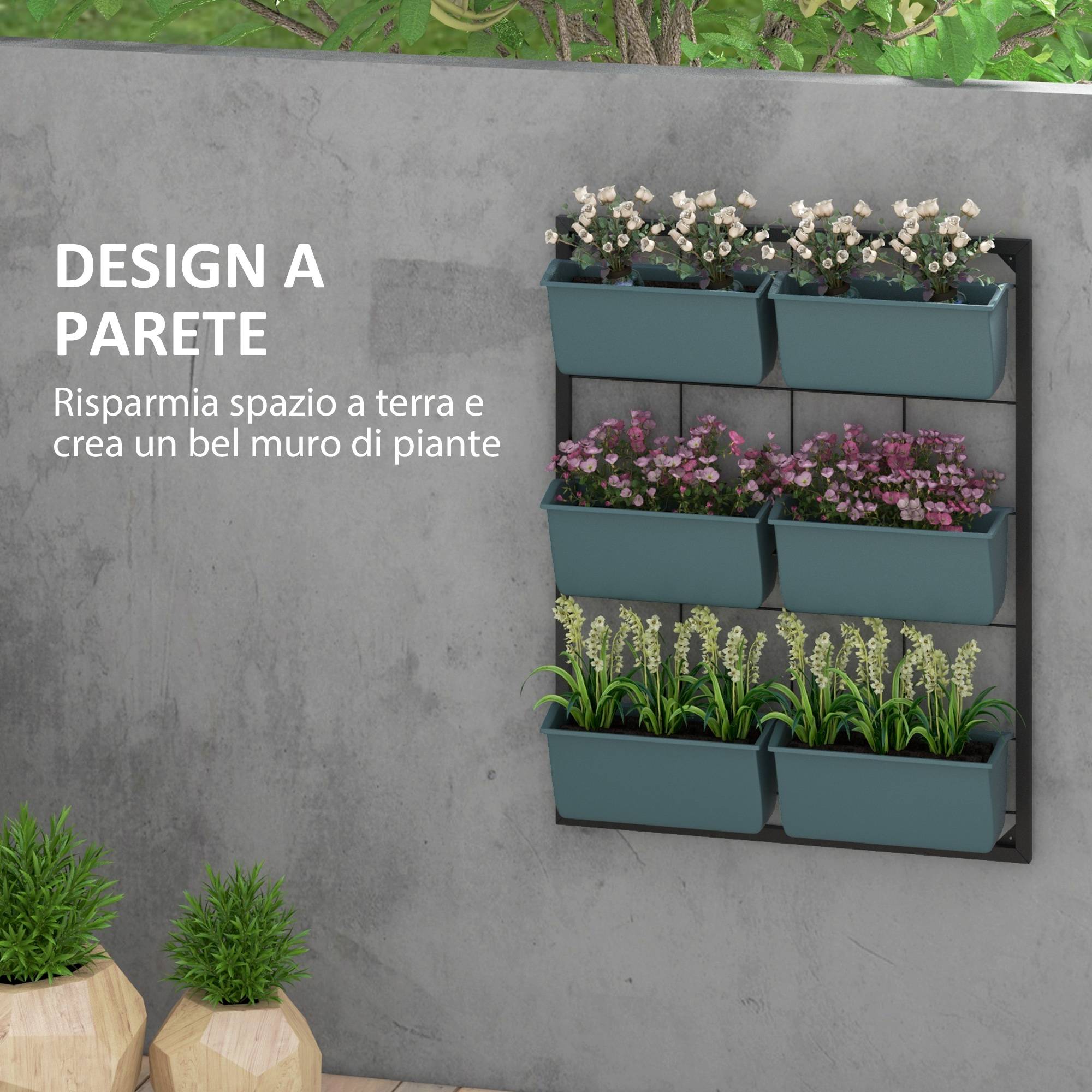 Potager Vertical 3 Niveaux 6 Pots Acier Plastique, 52x14x66cm, Vert Foncé - Image 6