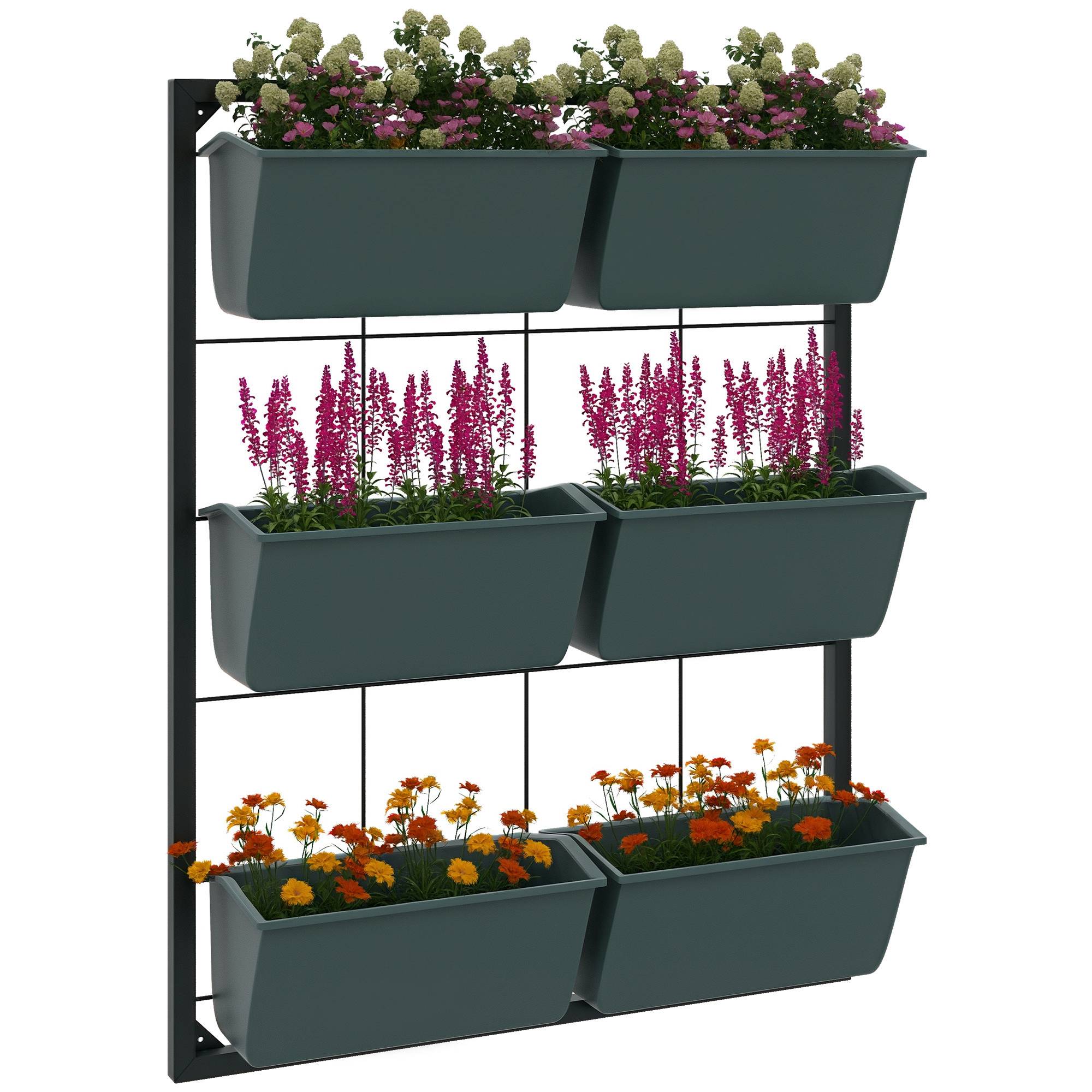 Potager Vertical 3 Niveaux 6 Pots Acier Plastique, 52x14x66cm, Vert Foncé - Image 1