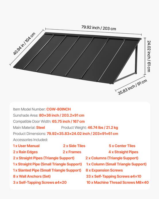 VEVOR Auvent porte entrée 203x91cm, métal, acier, protection pluie. - Image 7
