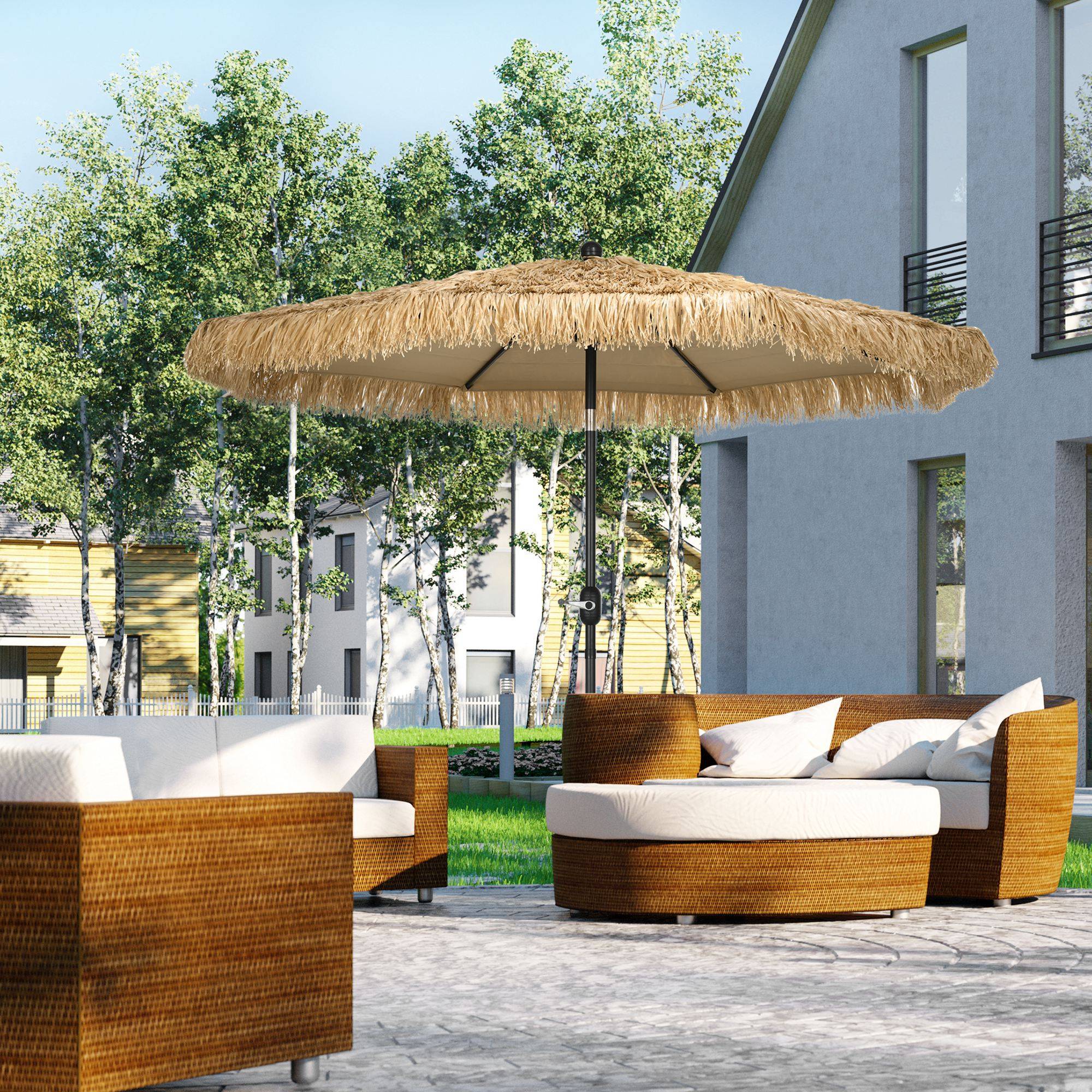 Parasol de jardin rond avec toile en paille et manivelle, Ø265 x 250 cm, kaki - Image 3