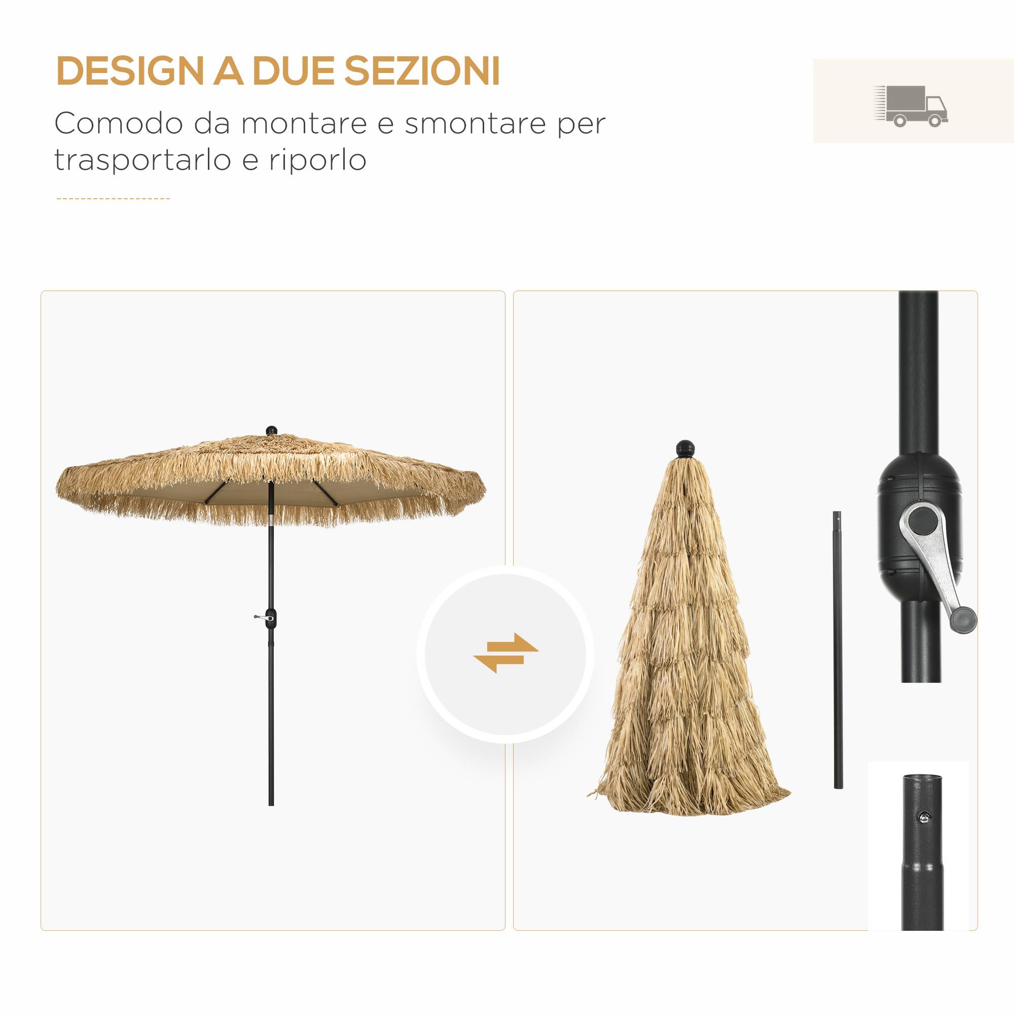 Parasol de jardin rond avec toile en paille et manivelle, Ø265 x 250 cm, kaki - Image 9