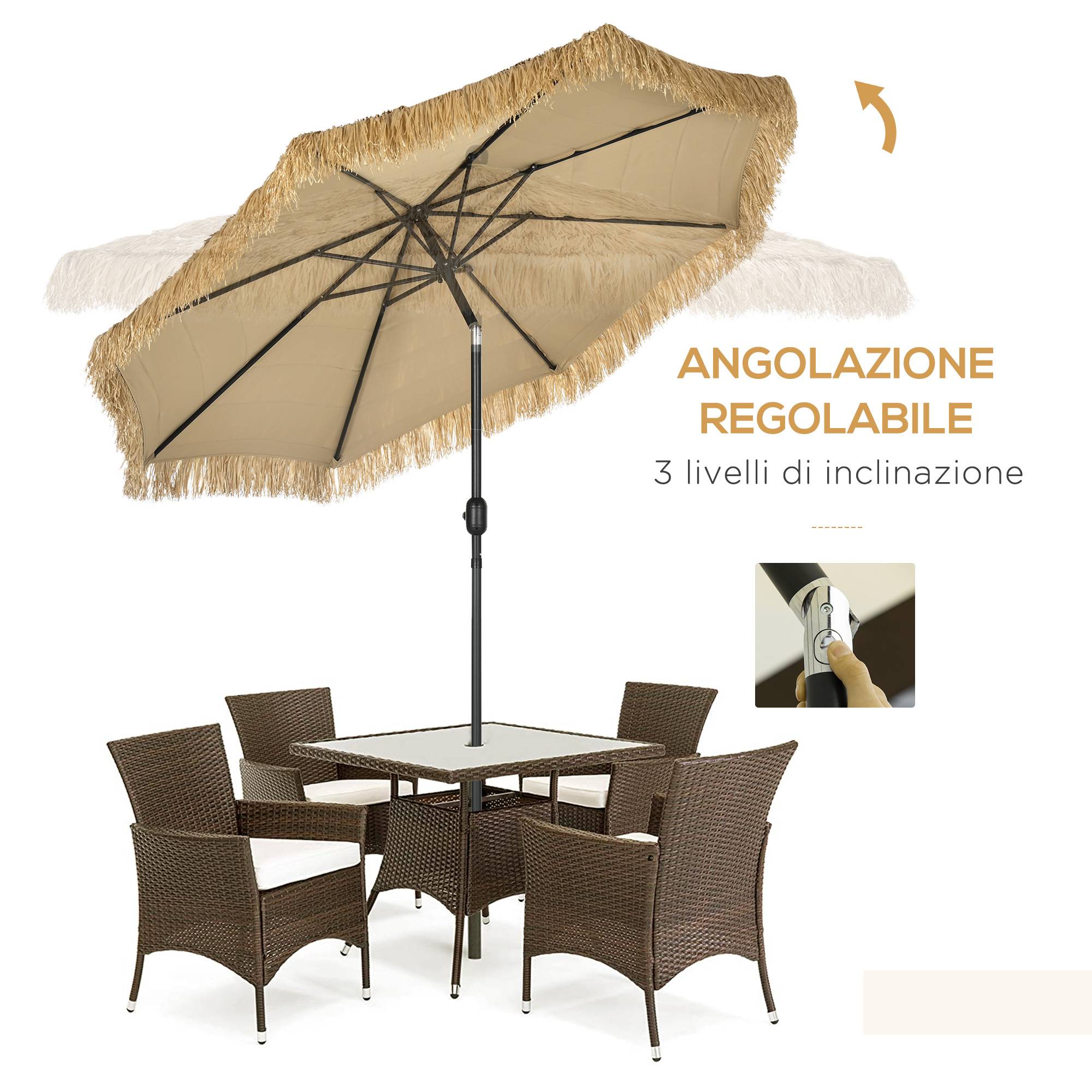 Parasol de jardin rond avec toile en paille et manivelle, Ø265 x 250 cm, kaki - Image 6