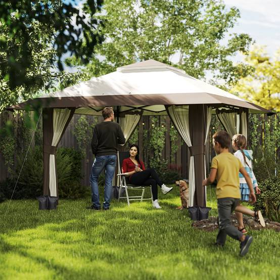 Gazebo 4x4m beige imperméable hauteur réglable UV50+ murs treillis, avec sac de transport et sacs de sable - Image 2