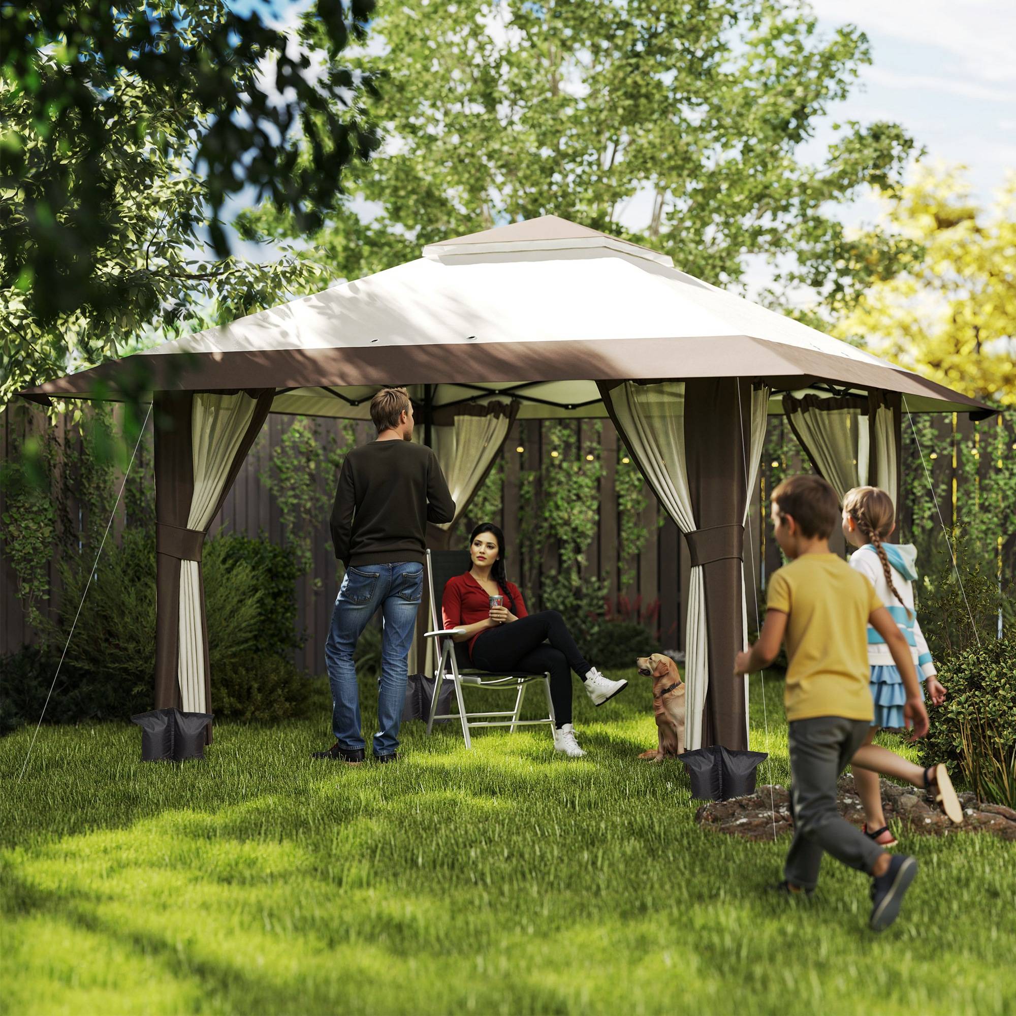 Gazebo 4x4m beige imperméable hauteur réglable UV50+ murs treillis, avec sac de transport et sacs de sable - Image 2