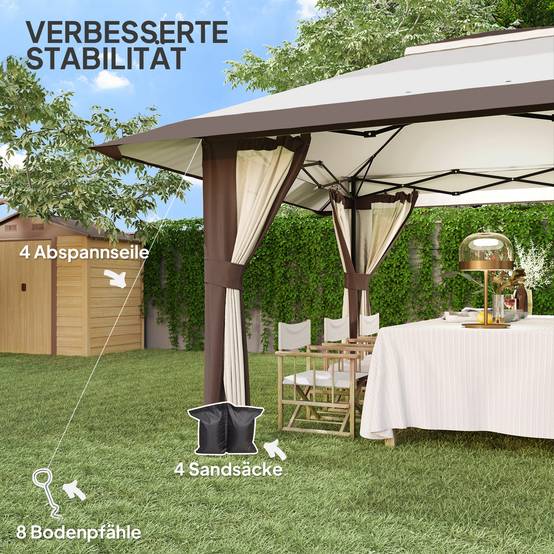 Gazebo 4x4m beige imperméable hauteur réglable UV50+ murs treillis, avec sac de transport et sacs de sable - Image 7