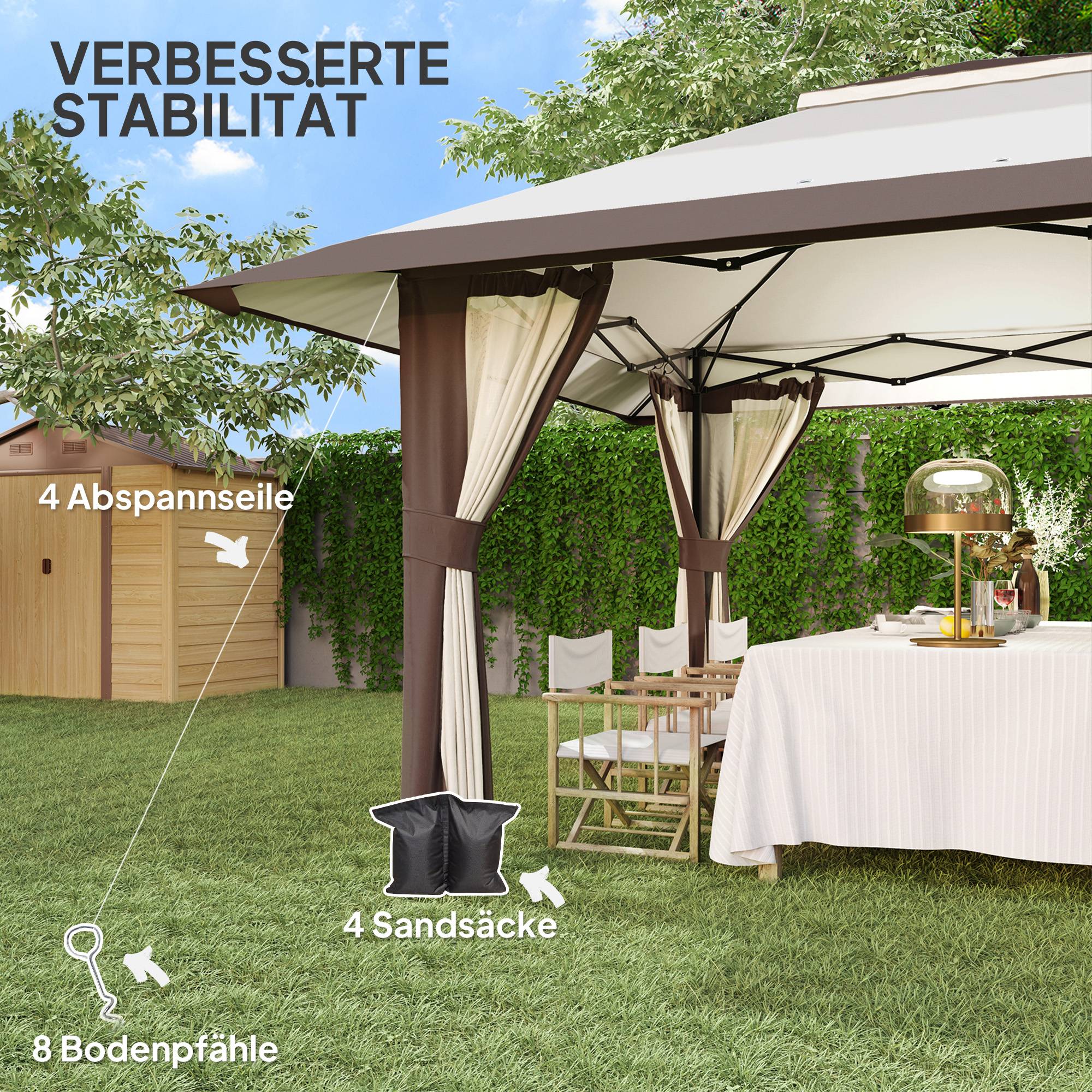 Gazebo 4x4m beige imperméable hauteur réglable UV50+ murs treillis, avec sac de transport et sacs de sable - Image 7