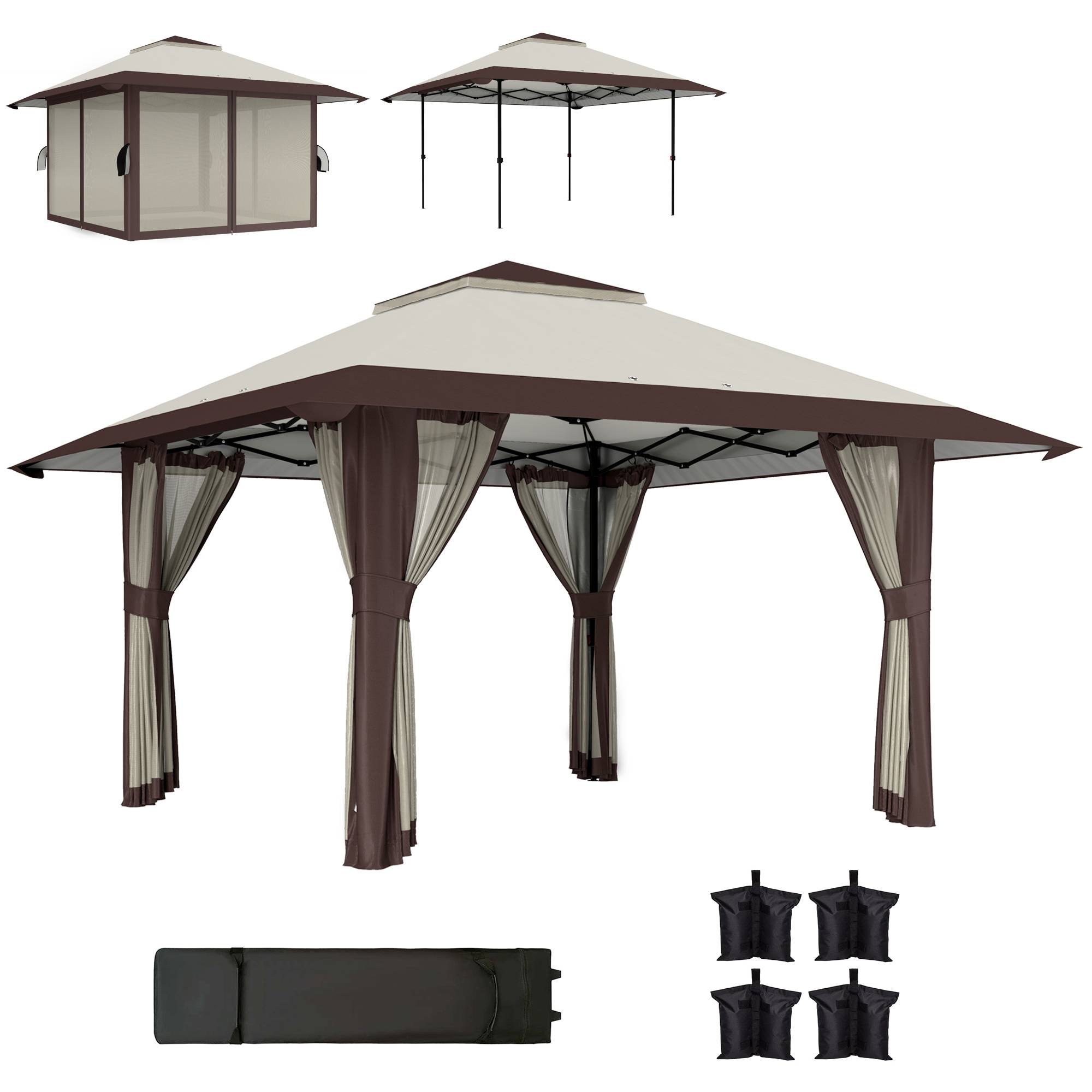 Gazebo 4x4m beige imperméable hauteur réglable UV50+ murs treillis, avec sac de transport et sacs de sable - Image 1