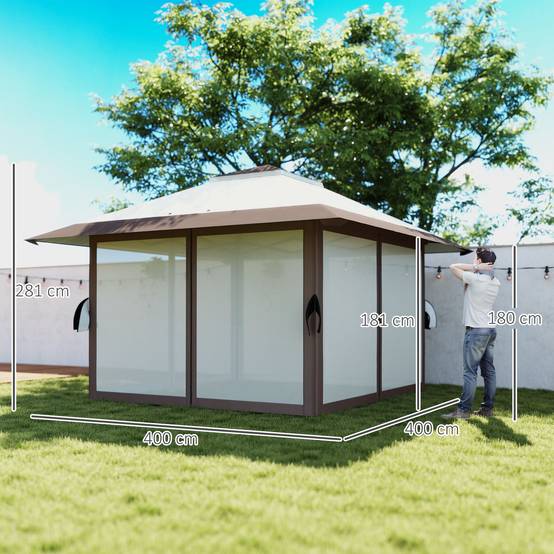 Gazebo 4x4m beige imperméable hauteur réglable UV50+ murs treillis, avec sac de transport et sacs de sable - Image 3
