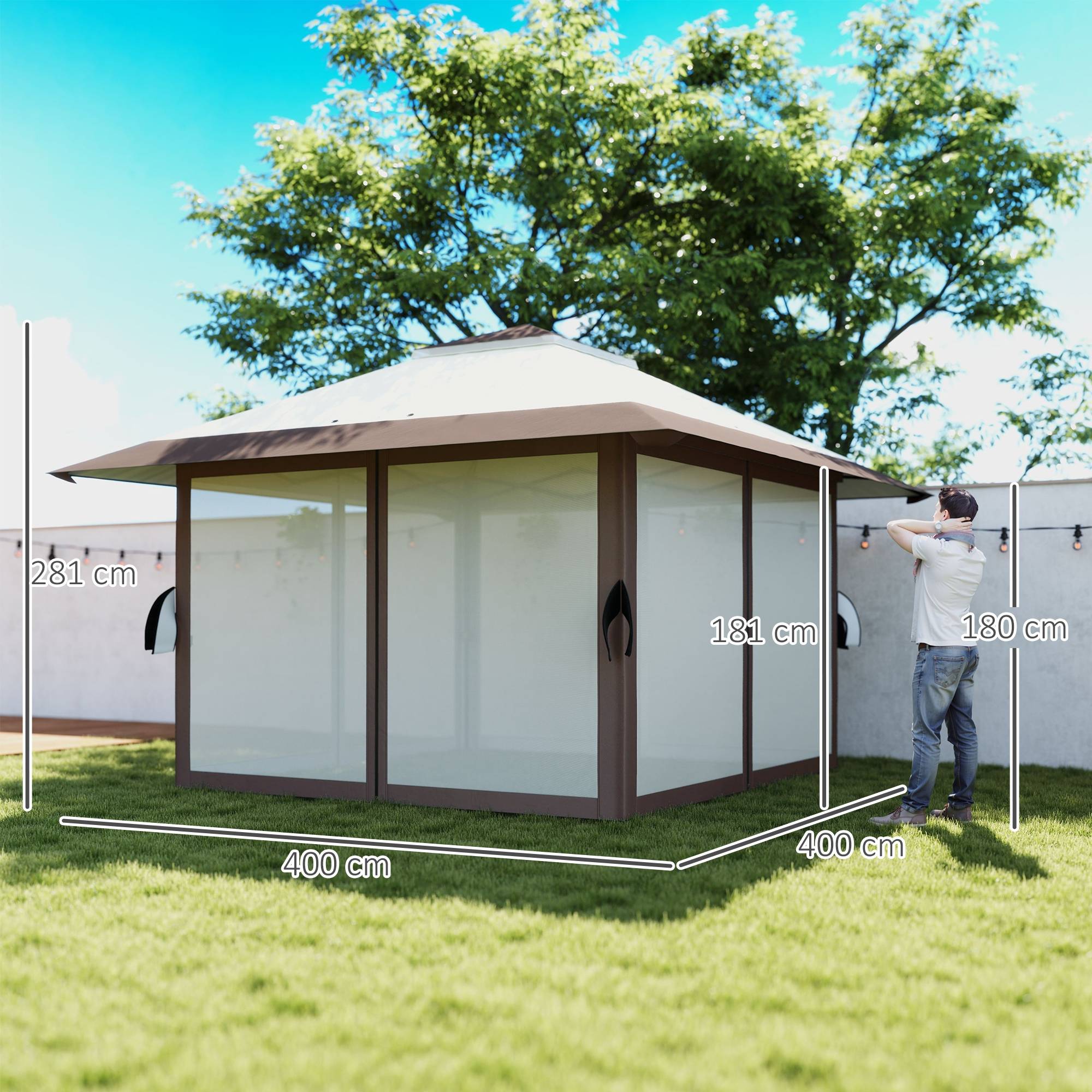 Gazebo 4x4m beige imperméable hauteur réglable UV50+ murs treillis, avec sac de transport et sacs de sable - Image 3