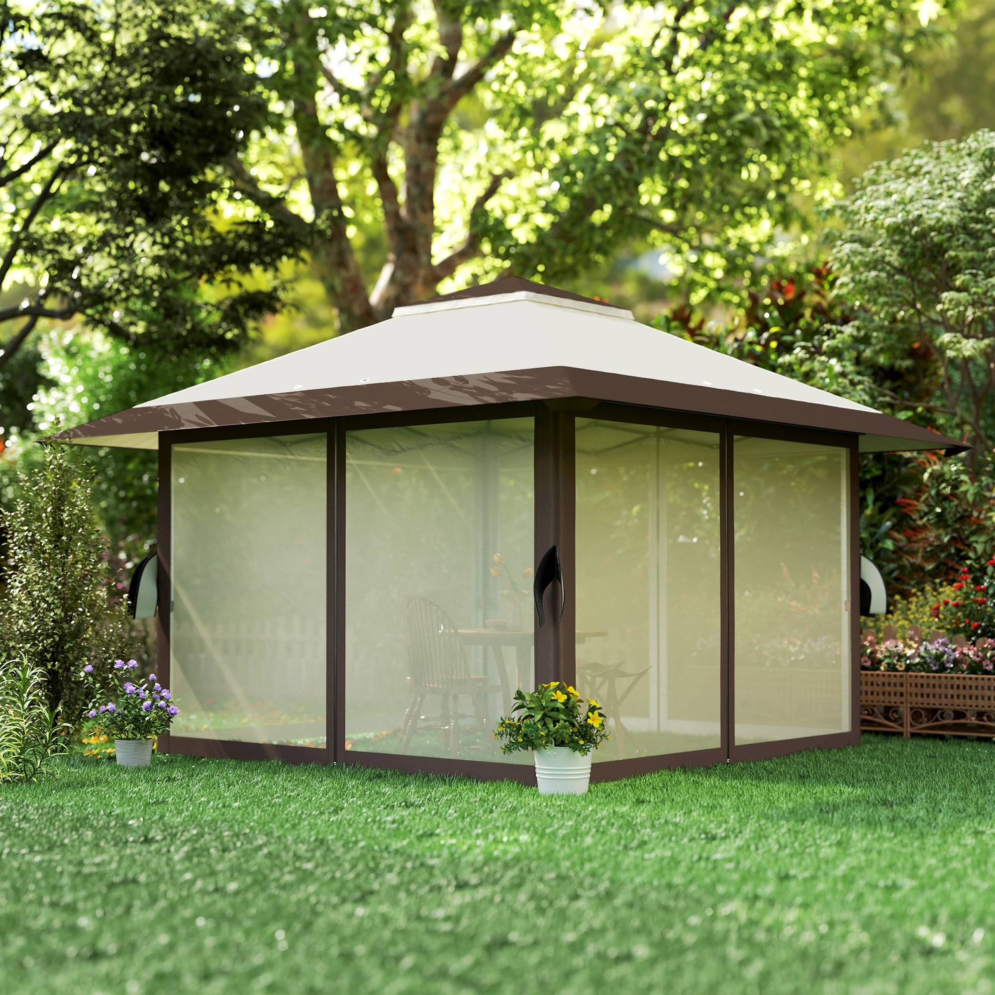 Gazebo 4x4m beige imperméable hauteur réglable UV50+ murs treillis, avec sac de transport et sacs de sable - Image 8