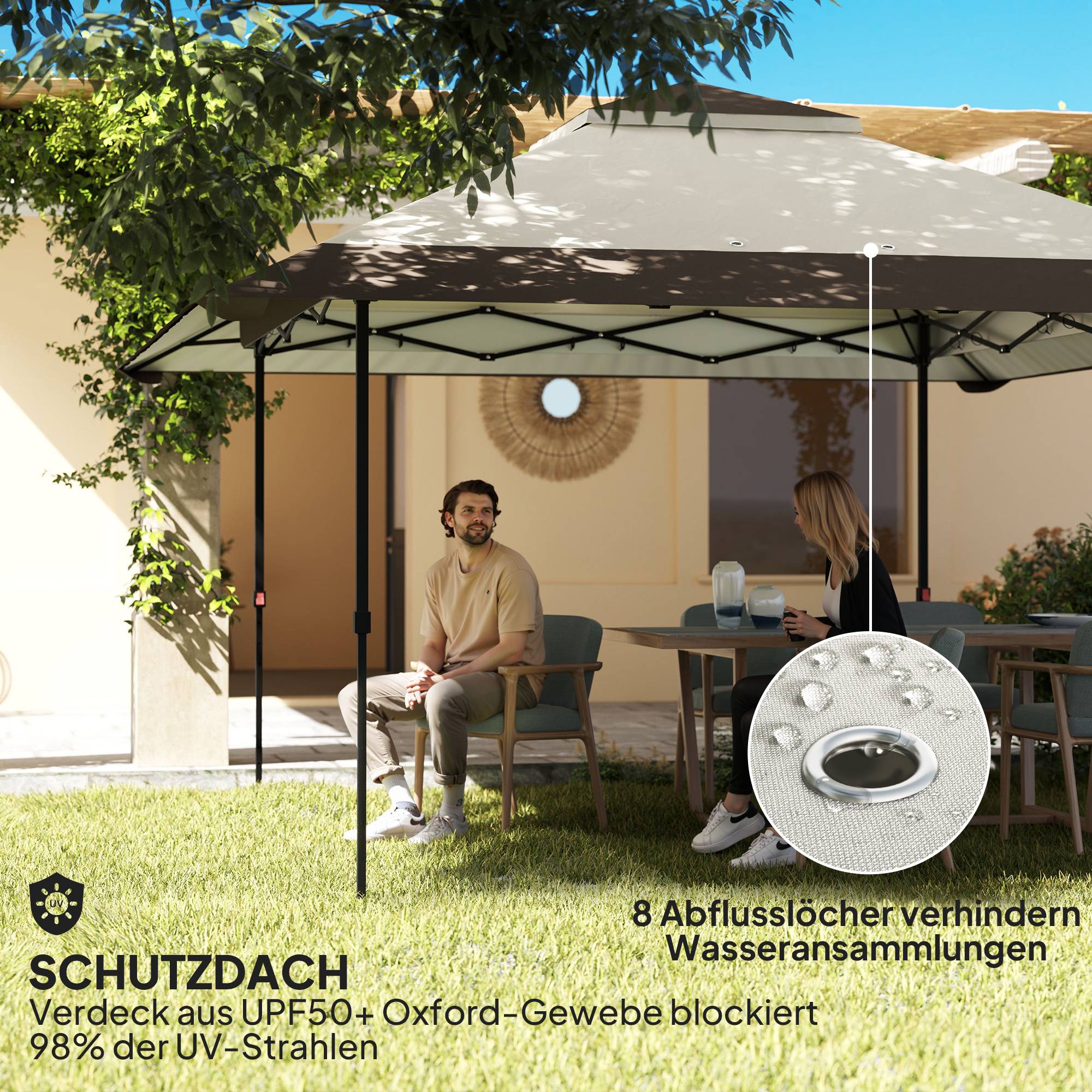 Gazebo 4x4m beige imperméable hauteur réglable UV50+ murs treillis, avec sac de transport et sacs de sable - Image 6