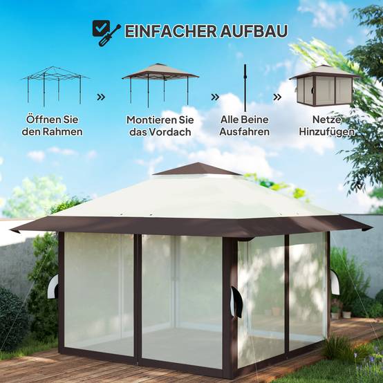 Gazebo 4x4m beige imperméable hauteur réglable UV50+ murs treillis, avec sac de transport et sacs de sable - Image 4