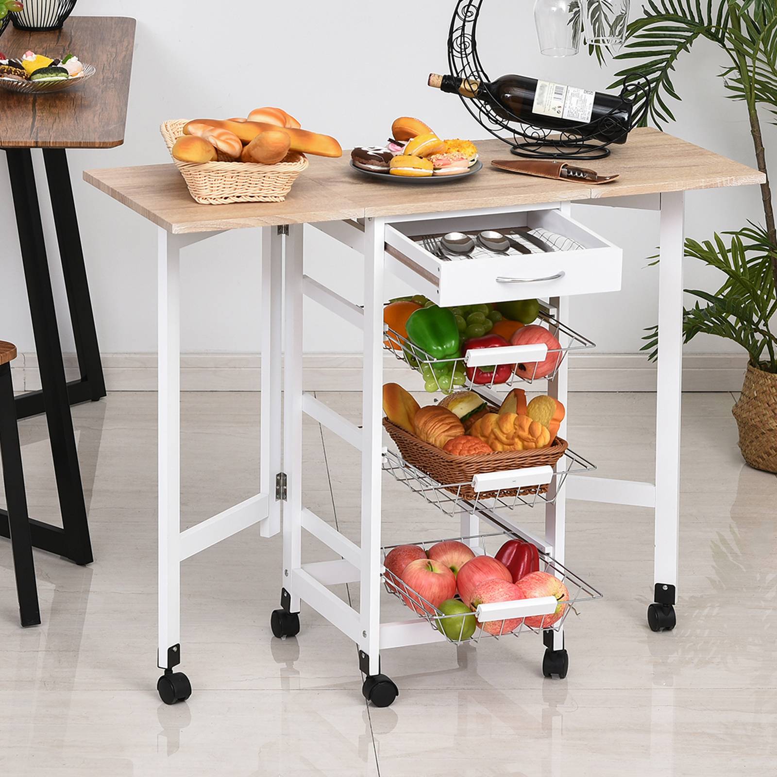 Chariot de service desserte de cuisine à roulettes multi-rangements 3 paniers métal + tiroir + rallonges MDF blanc chêne clair - Image 2