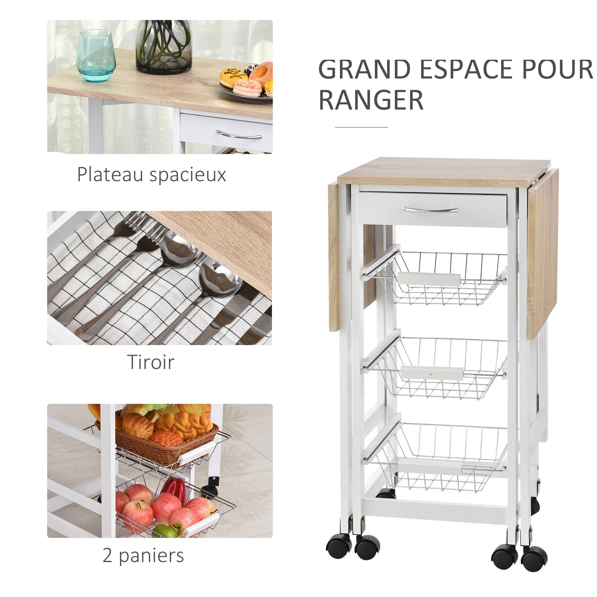 Chariot de service desserte de cuisine à roulettes multi-rangements 3 paniers métal + tiroir + rallonges MDF blanc chêne clair - Image 6