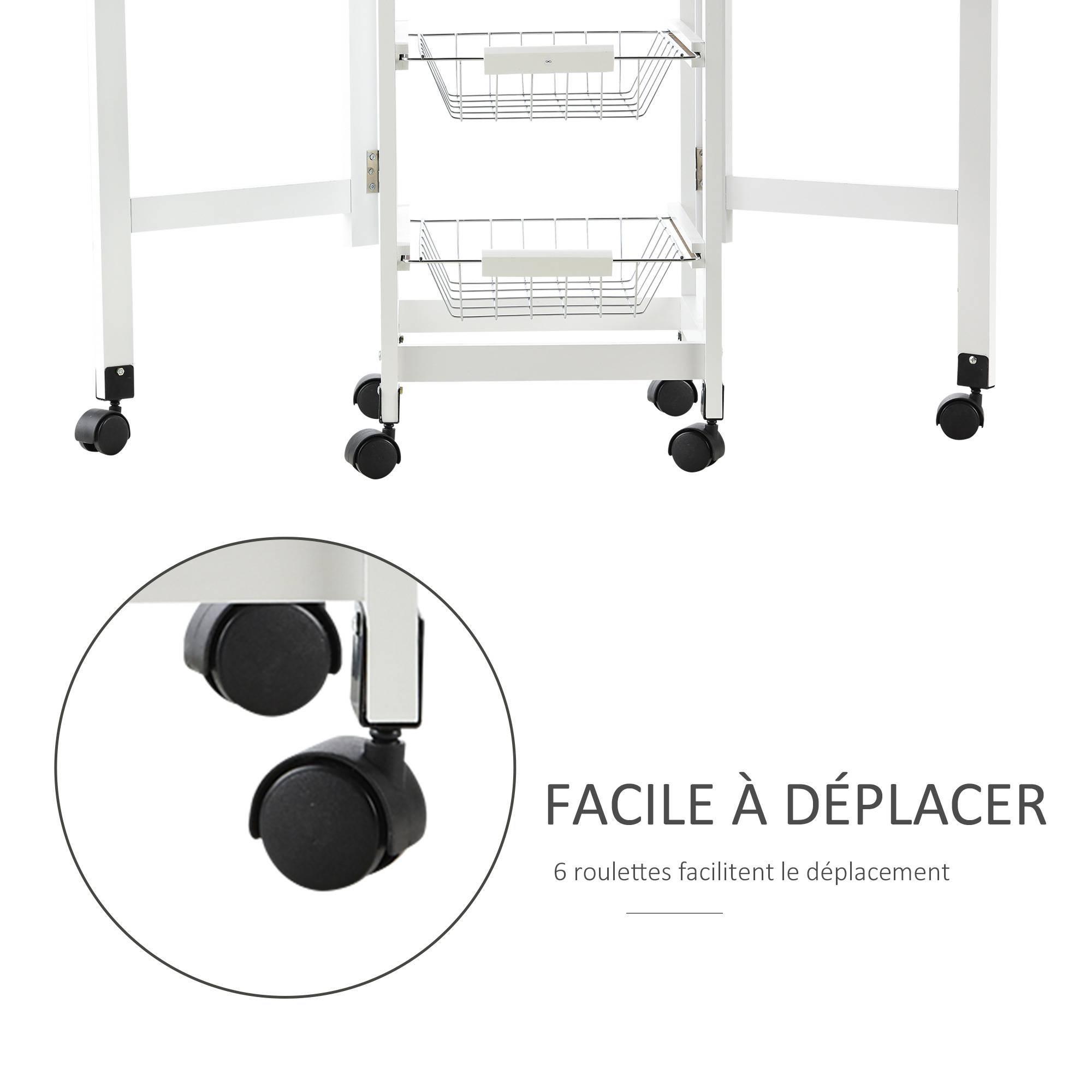Chariot de service desserte de cuisine à roulettes multi-rangements 3 paniers métal + tiroir + rallonges MDF blanc chêne clair - Image 7