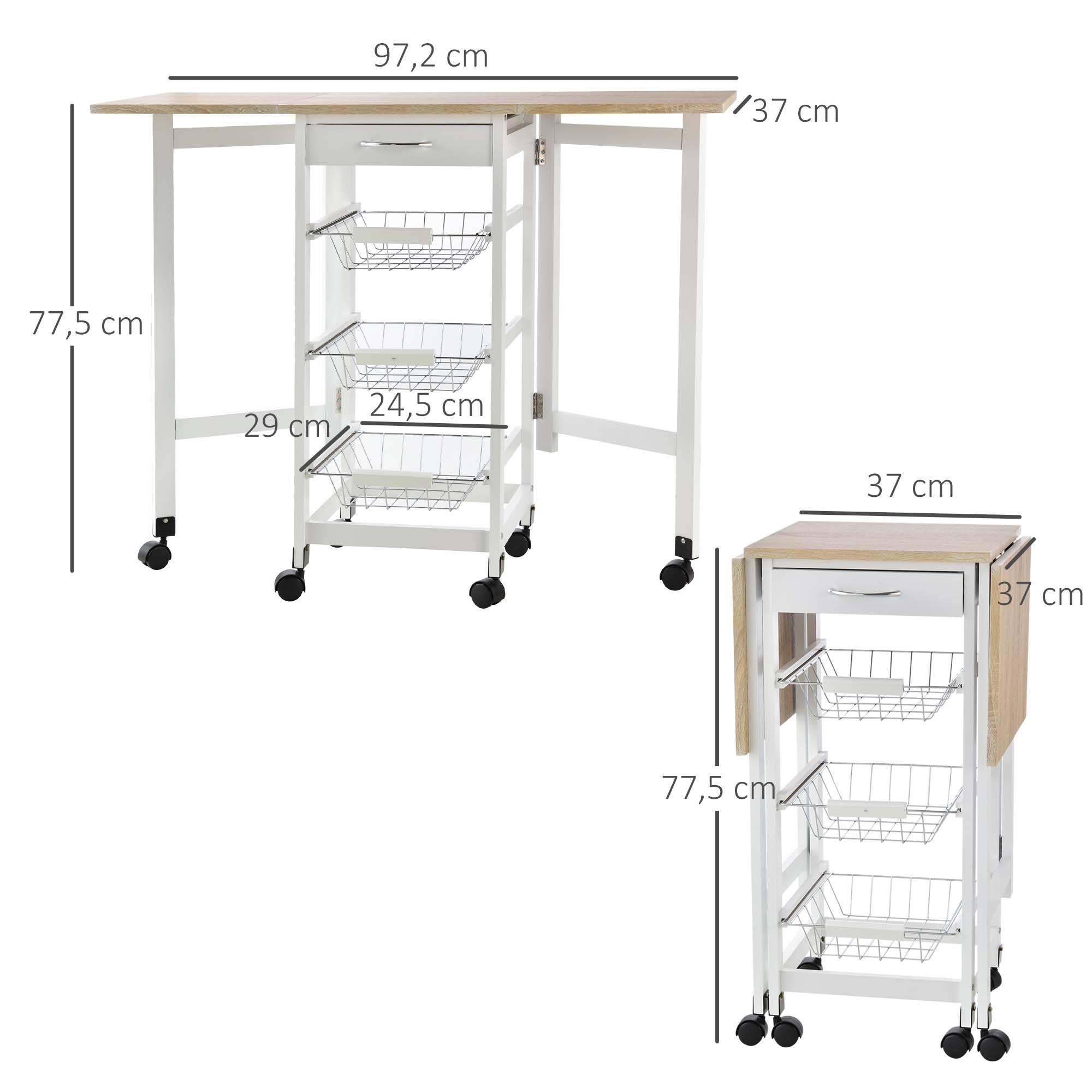 Chariot de service desserte de cuisine à roulettes multi-rangements 3 paniers métal + tiroir + rallonges MDF blanc chêne clair - Image 4