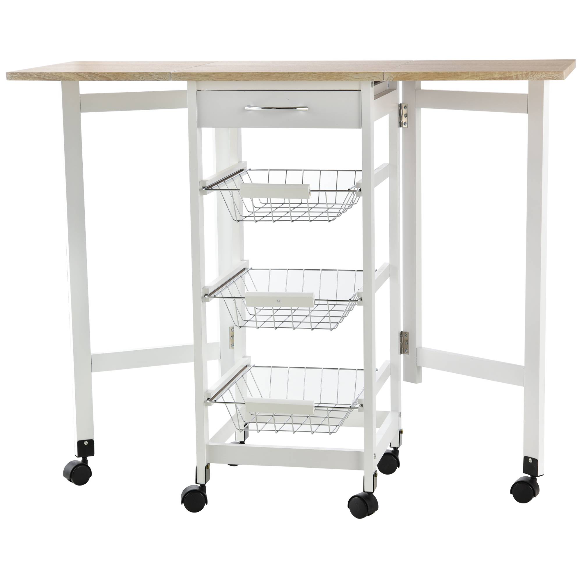 Chariot de service desserte de cuisine à roulettes multi-rangements 3 paniers métal + tiroir + rallonges MDF blanc chêne clair - Image 1