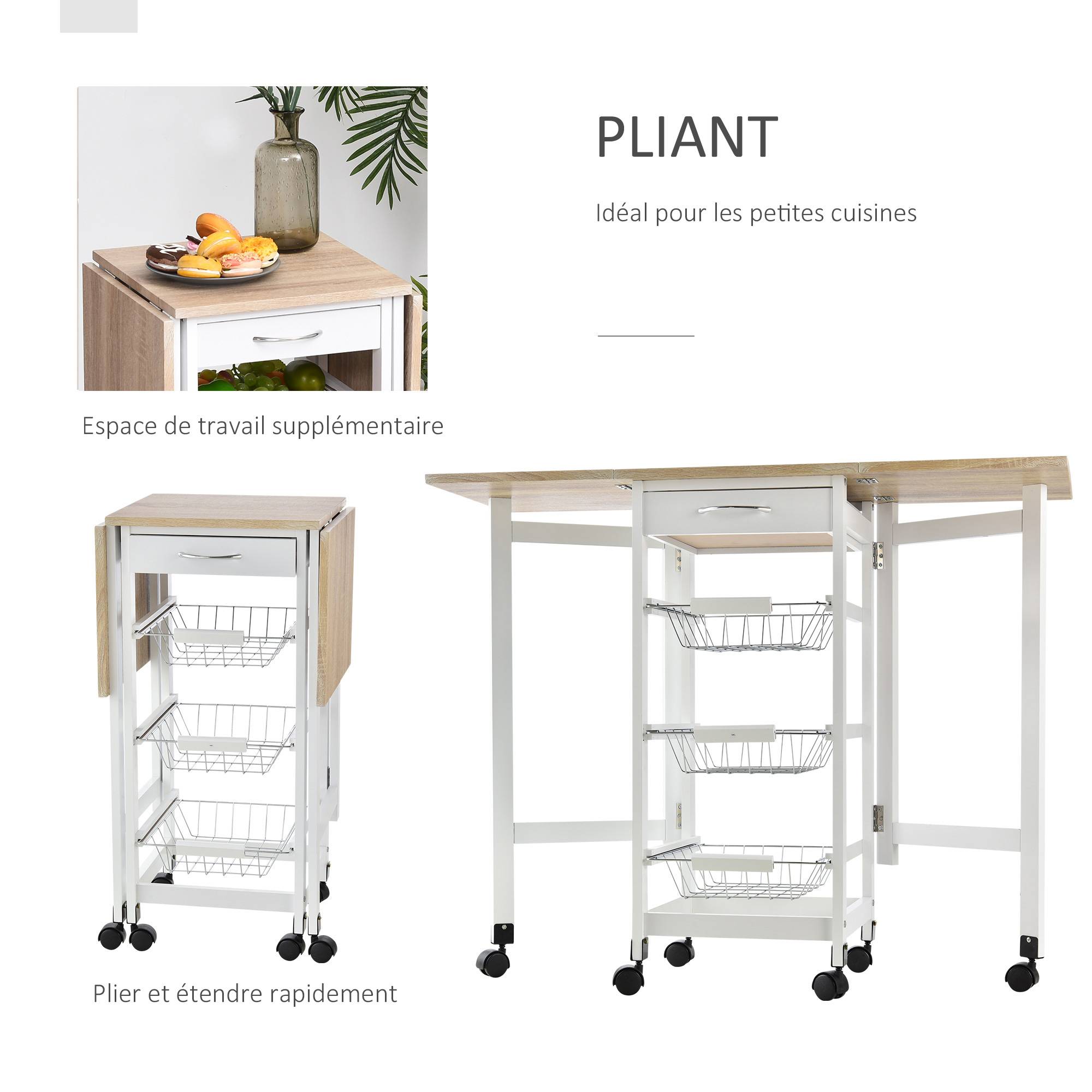 Chariot de service desserte de cuisine à roulettes multi-rangements 3 paniers métal + tiroir + rallonges MDF blanc chêne clair - Image 5