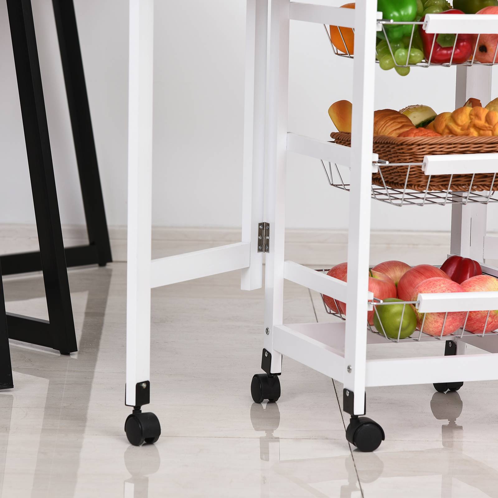 Chariot de service desserte de cuisine à roulettes multi-rangements 3 paniers métal + tiroir + rallonges MDF blanc chêne clair - Image 8