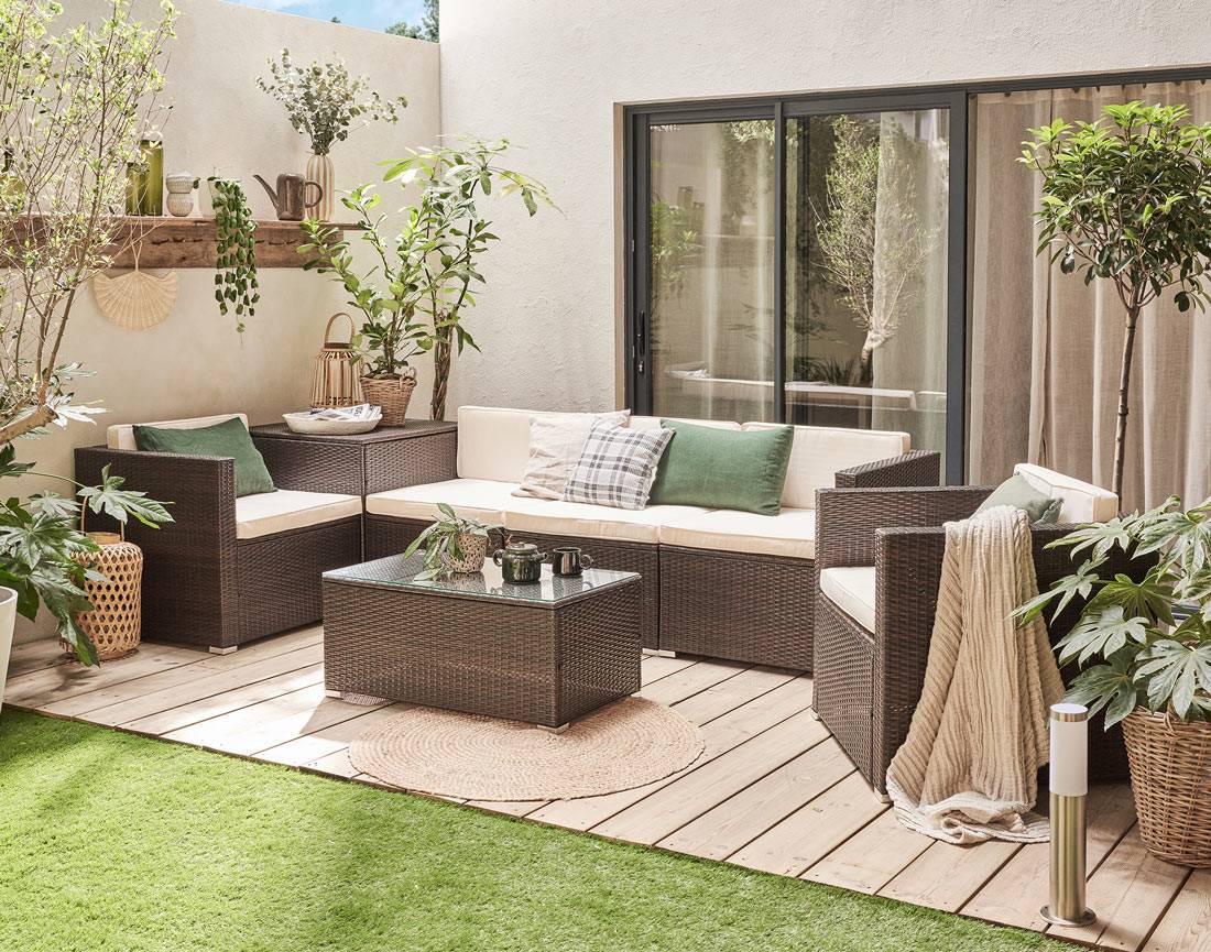 Best Mobilier - Broome - salon bas de jardin 5 places - avec coffre de rangement - résine tressée marron et coussins beiges - Best Mobilier - Image 2