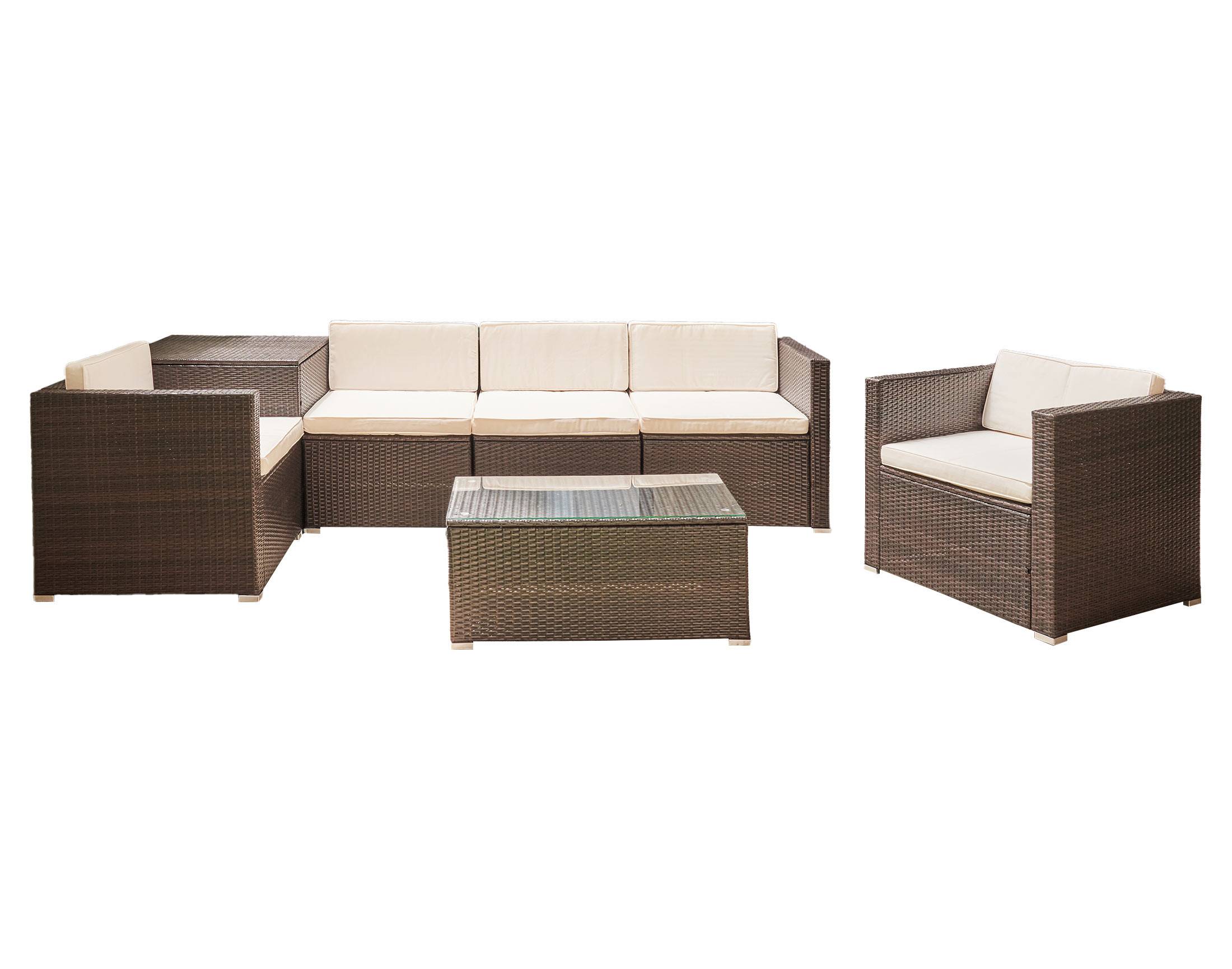 Best Mobilier - Broome - salon bas de jardin 5 places - avec coffre de rangement - résine tressée marron et coussins beiges - Best Mobilier - Image 1