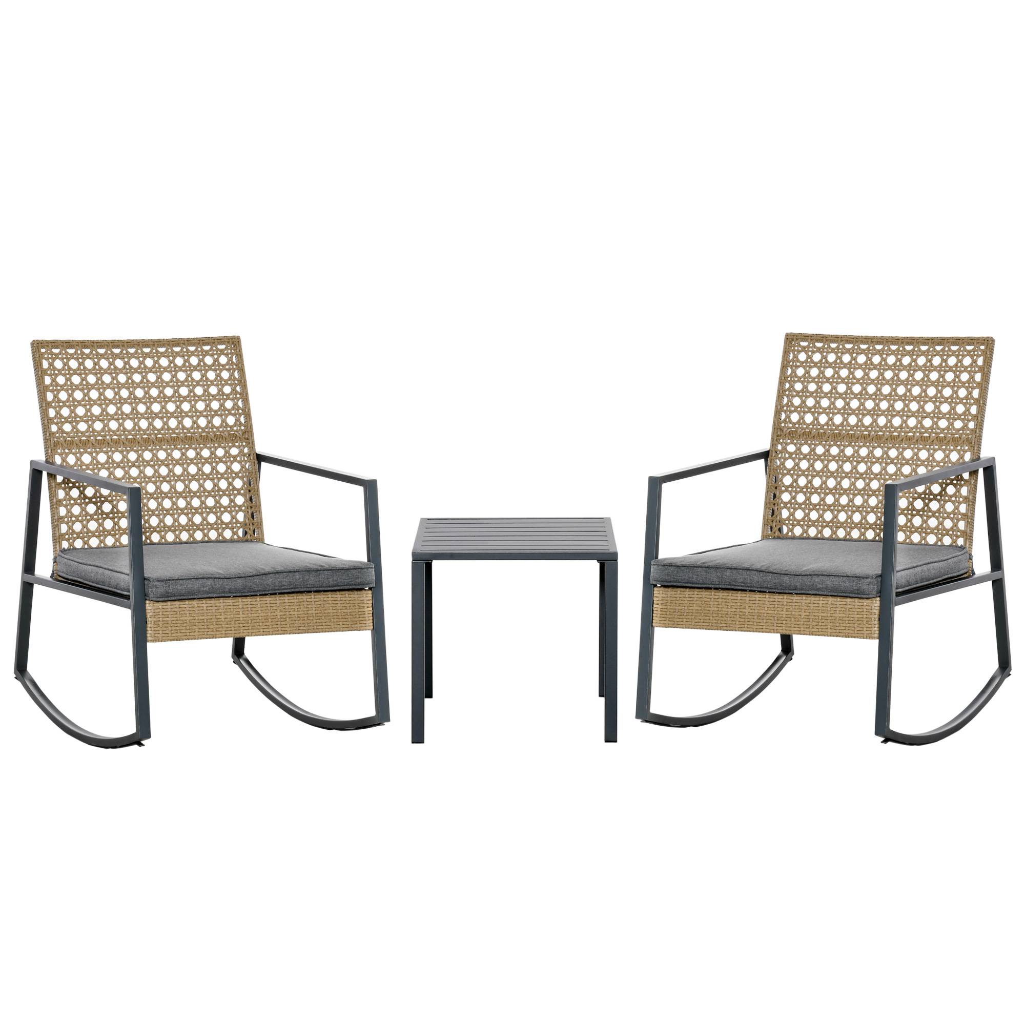 Outsunny - Ensemble de jardin 3 pièces style colonial 2 fauteuils à bascule avec coussins assise gris table basse métal époxy résine tressée beige - Outsunny - Image 1