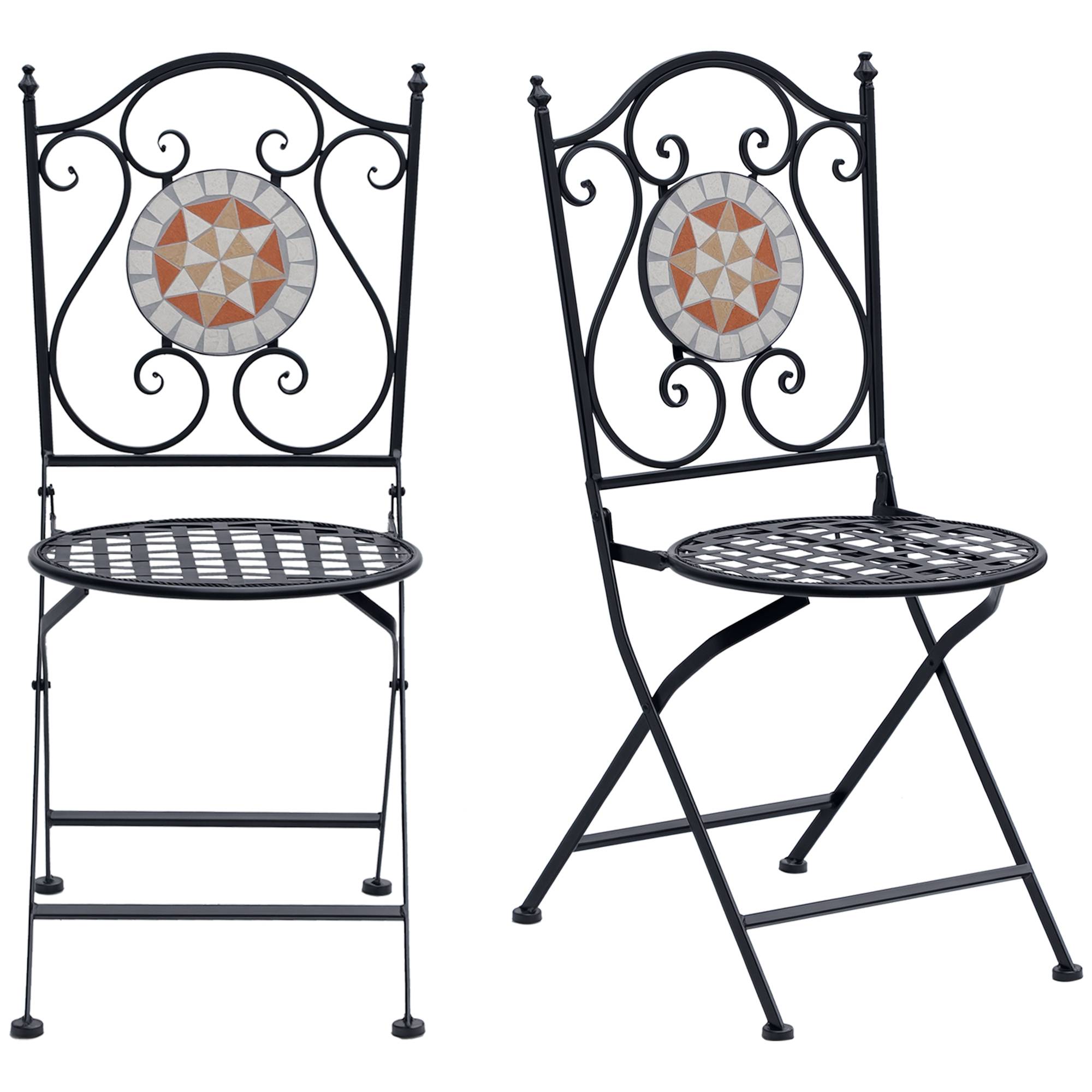 Lot de 2 chaises de jardin pliantes style bistro, assise mosaïque, métal, charge maximale 120 kg, 50 x 40 x 94,5 cm, noir