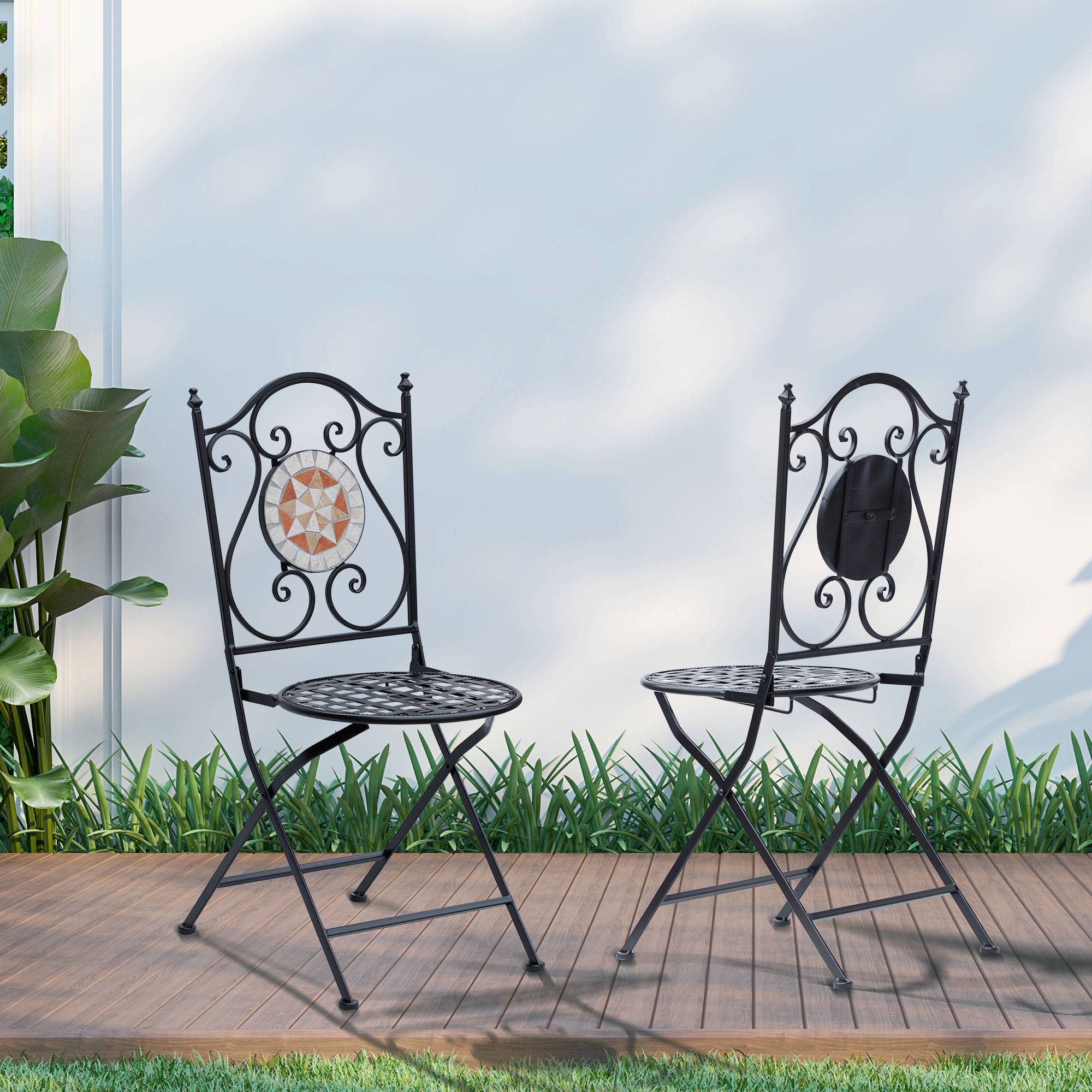 Lot de 2 chaises de jardin pliantes style bistro, assise mosaïque, métal, charge maximale 120 kg, 50 x 40 x 94,5 cm, noir - Image 3