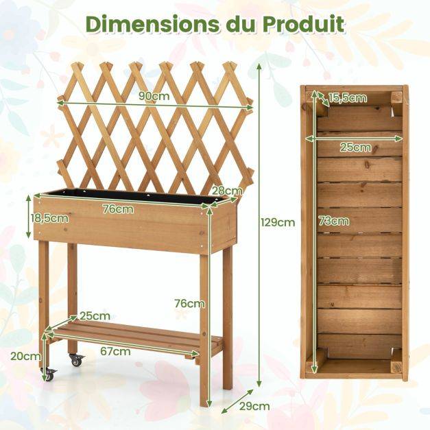 Helloshop26 - Lit de jardin surélevé en bois avec treillis etagère de rangement jardinière surélevée avec roues verrouillables doublure en tissu naturel - Image 6